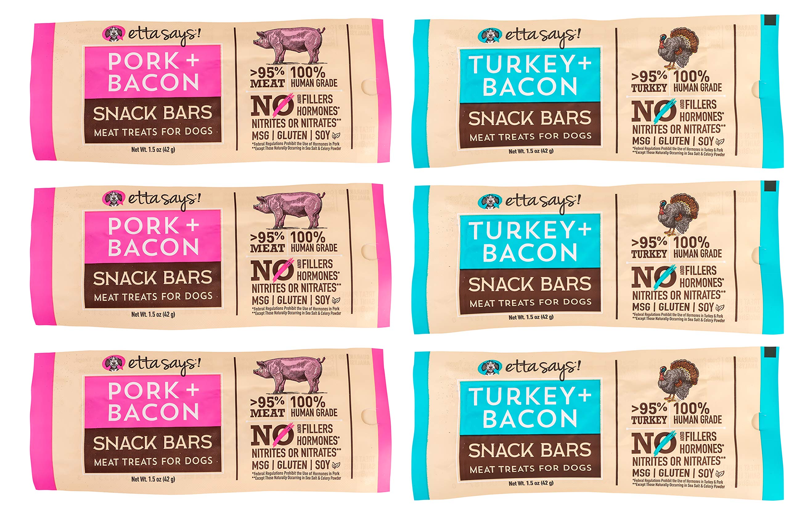 ETTA SAYS! Premium Dog Treats Variety Pack of 6 – USA-Made Pork & Bacon, Turkey & Bacon Natural Dog Snacks | Human-Grade, No Hormones, Nitrates or Nitrites | Perfect for Training Rewards, Travel Snacks & Daily Treats