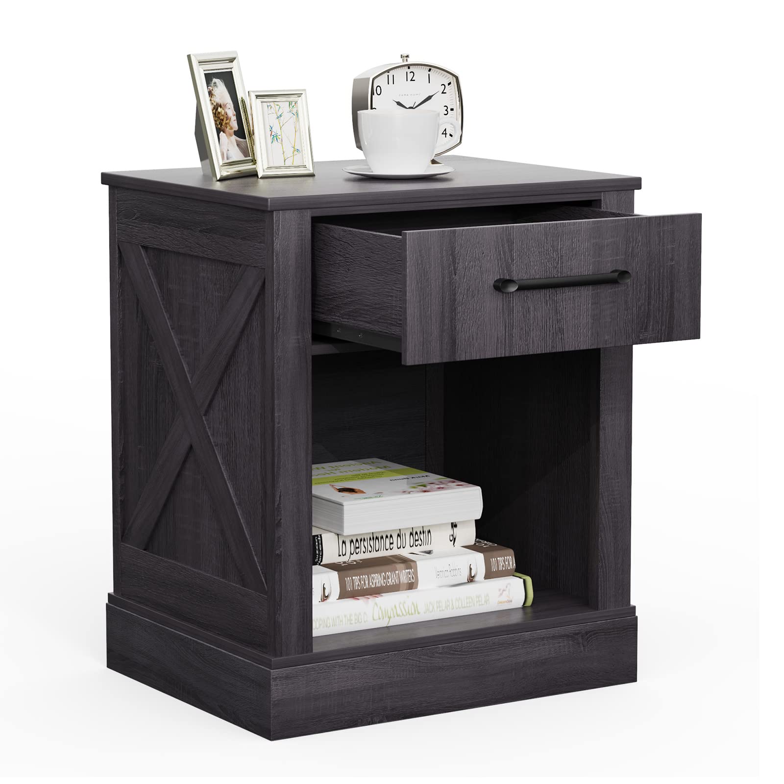 Giantex Farmhouse Nightstand Set of 2 - Rustic Wooden End Tables with Drawers & Open Shelf - Black Bedside Tables for Bedroom, Living Room & Office Use