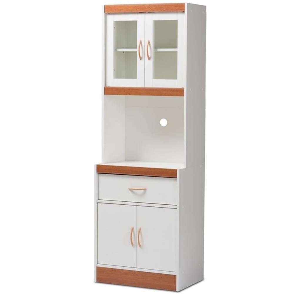BOWERY HILL Modern White and Cherry Kitchen Pantry Cabinet with Hutch & Storage Drawer - Perfect for Small Space Organization, Farmhouse Decor, and Kitchen Storage Solutions