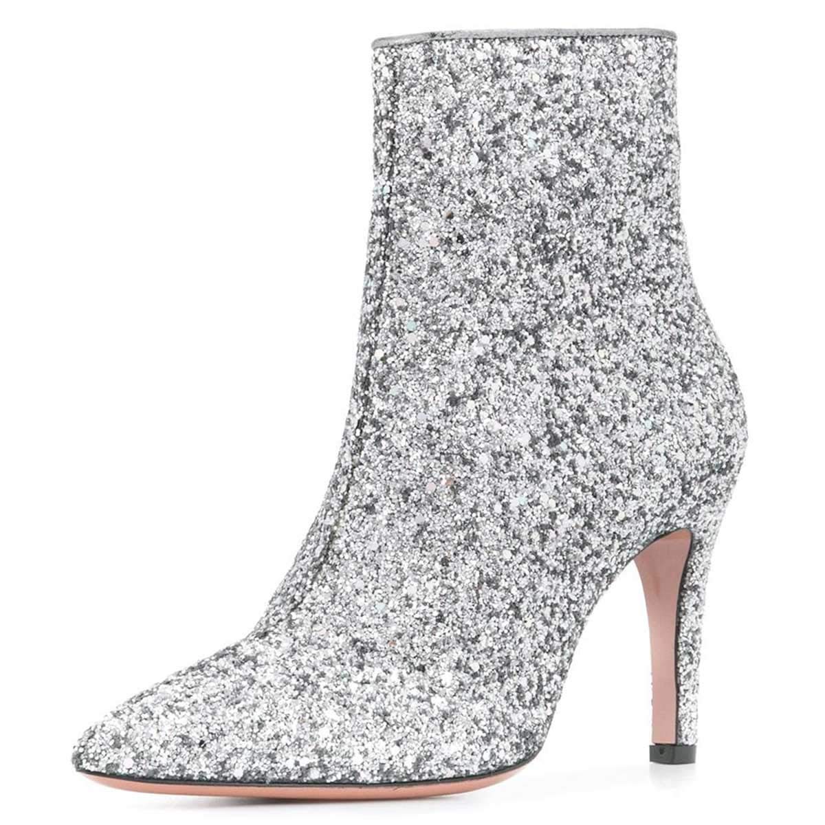 FSJ Women's Sparkle Glitter Ankle Boots - Stiletto Heel Pointed Toe Zip Up Fashion Booties Size 4-15 US - Perfect for Party, Night Out & Holiday Events
