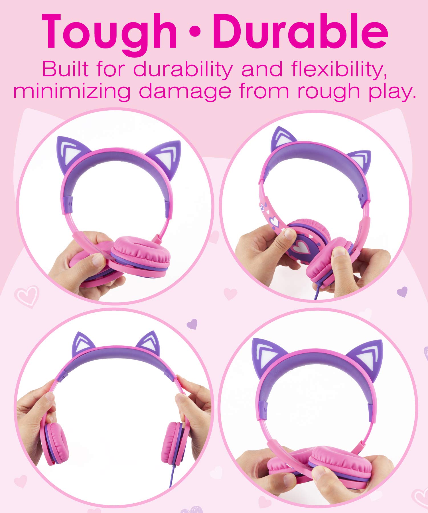 FosPower Kids Headphones with LED Cat Ears - 85dB Safe Volume Limit, 3.5mm Wired On-Ear Headphones with Tangle-Free Cable for iPad, Tablet, School & Travel (Hot Pink/Purple) - Perfect for Online Learning, Airplane Rides & Home Entertainment