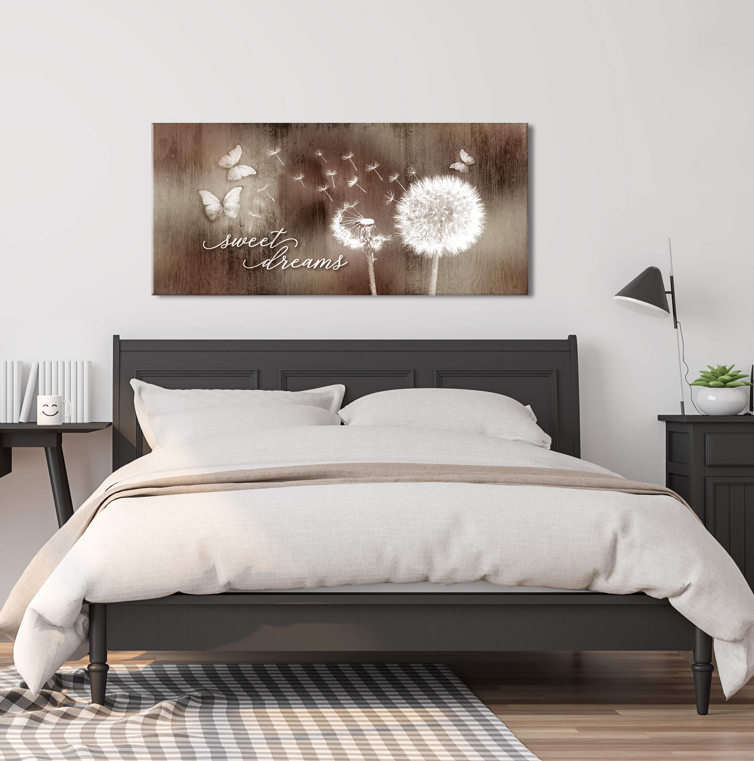 Sweet Dreams Dandelion Wall Art - Large 42x19 Brown Canvas Painting for Master Bedroom Decor, Above Bed Wall Decor, Boho Home Decor, Perfect for Bedroom & Nursery Wall Art | Wall Signs for Bedroom & Living Room