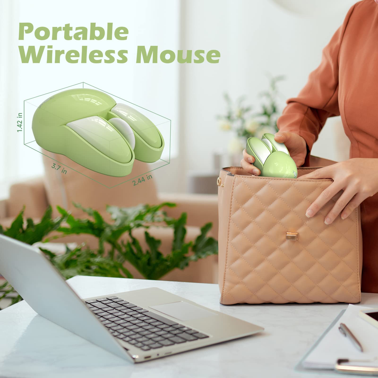 Wireless Silent Mouse with Cute Rabbit Design - 2.4GHz USB Mini Receiver, Optical Wireless Mouse for Laptop, PC, Chromebook, Notebook (Green) - Perfect for Office, Home & Quiet Workspaces