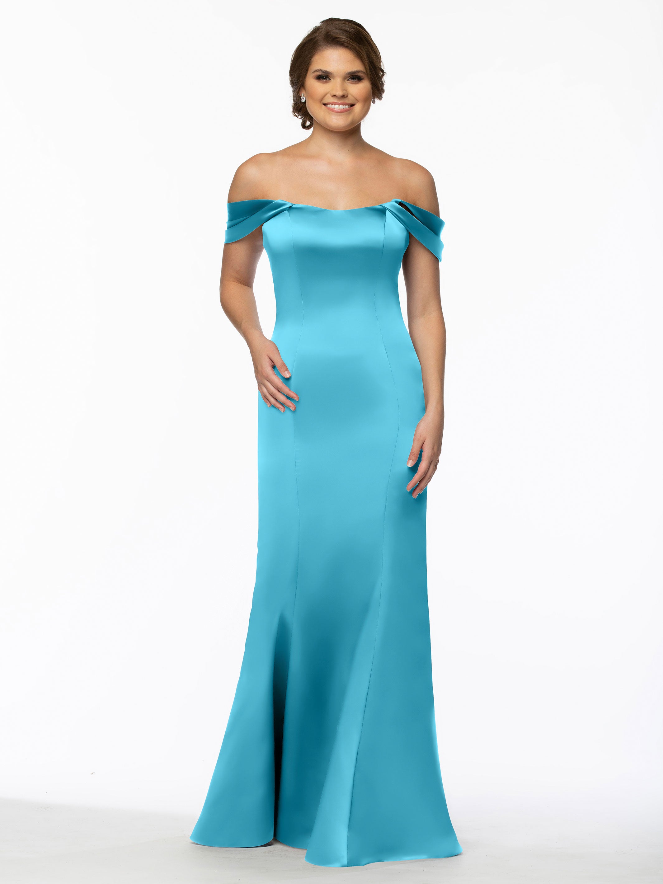 Elegant 80151 Fitted Satin Bridesmaid Dress with Off-The-Shoulder Sleeves - Perfect for Weddings, Formal Events & Special Occasions