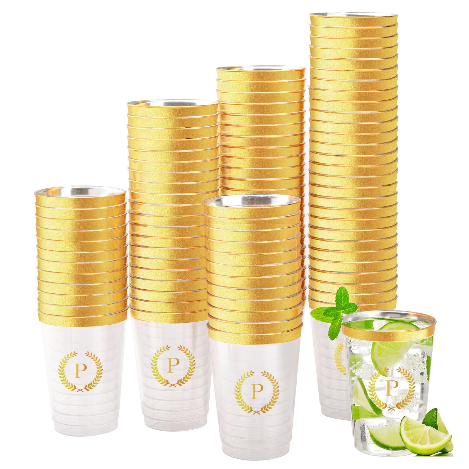 100 Pcs Personalized Plastic Cups with Gold Foil Letter P - 12 oz Clear Disposable Initial Party Cups for Wedding, Birthday, Baby Shower - Great for Cocktails, Lemonade, Iced Coffee & Outdoor Events