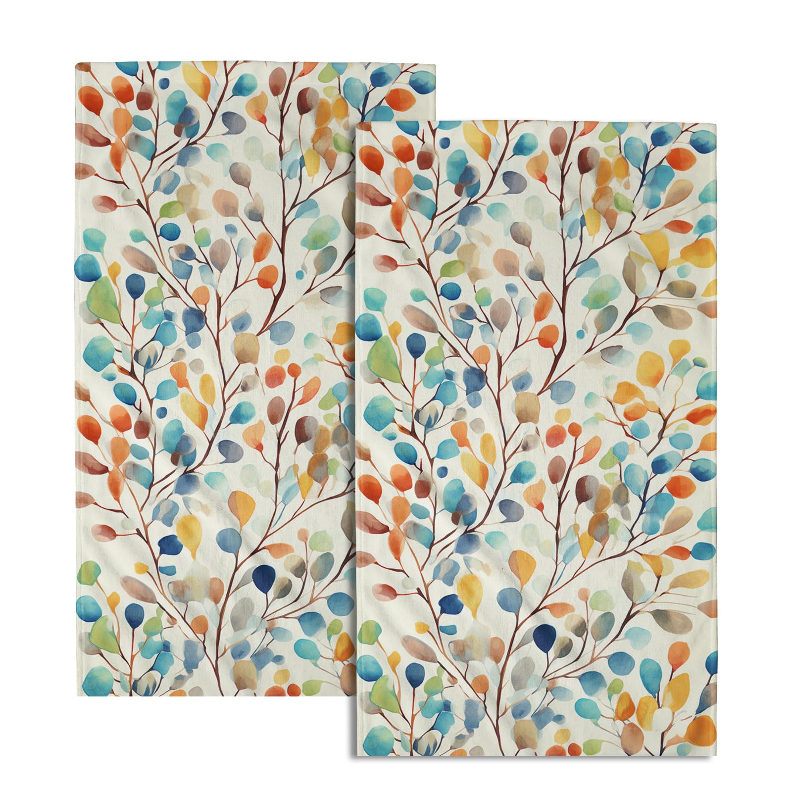 Boho Floral Hand Towels Set of 2 - Colorful Leaves Design, Soft Absorbent Kitchen & Bath Towels for Guest, Gym, Spa | Spring Nature Plant Theme Home Decor
