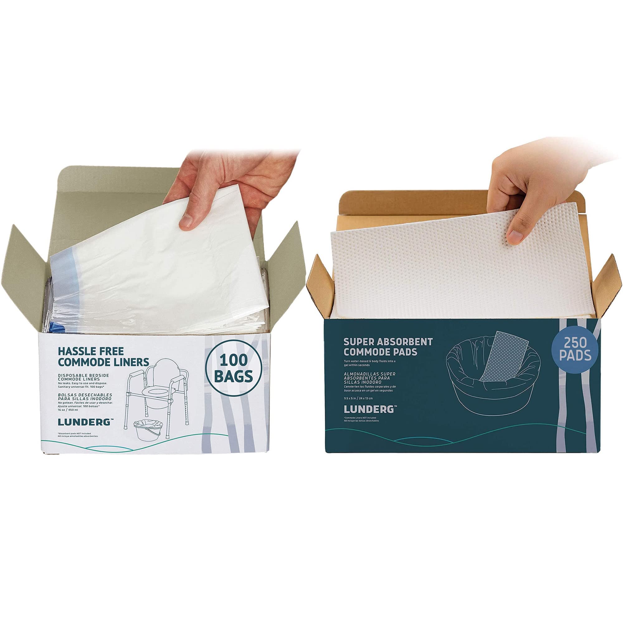 100 Disposable Commode Liners + 250 Super Absorbent Pads - Universal Fit Adult Bedside Commode Chair Liners with Pads for Portable Toilets & Home Care - Ideal for Elderly, Post-Surgery & Incontinence Needs