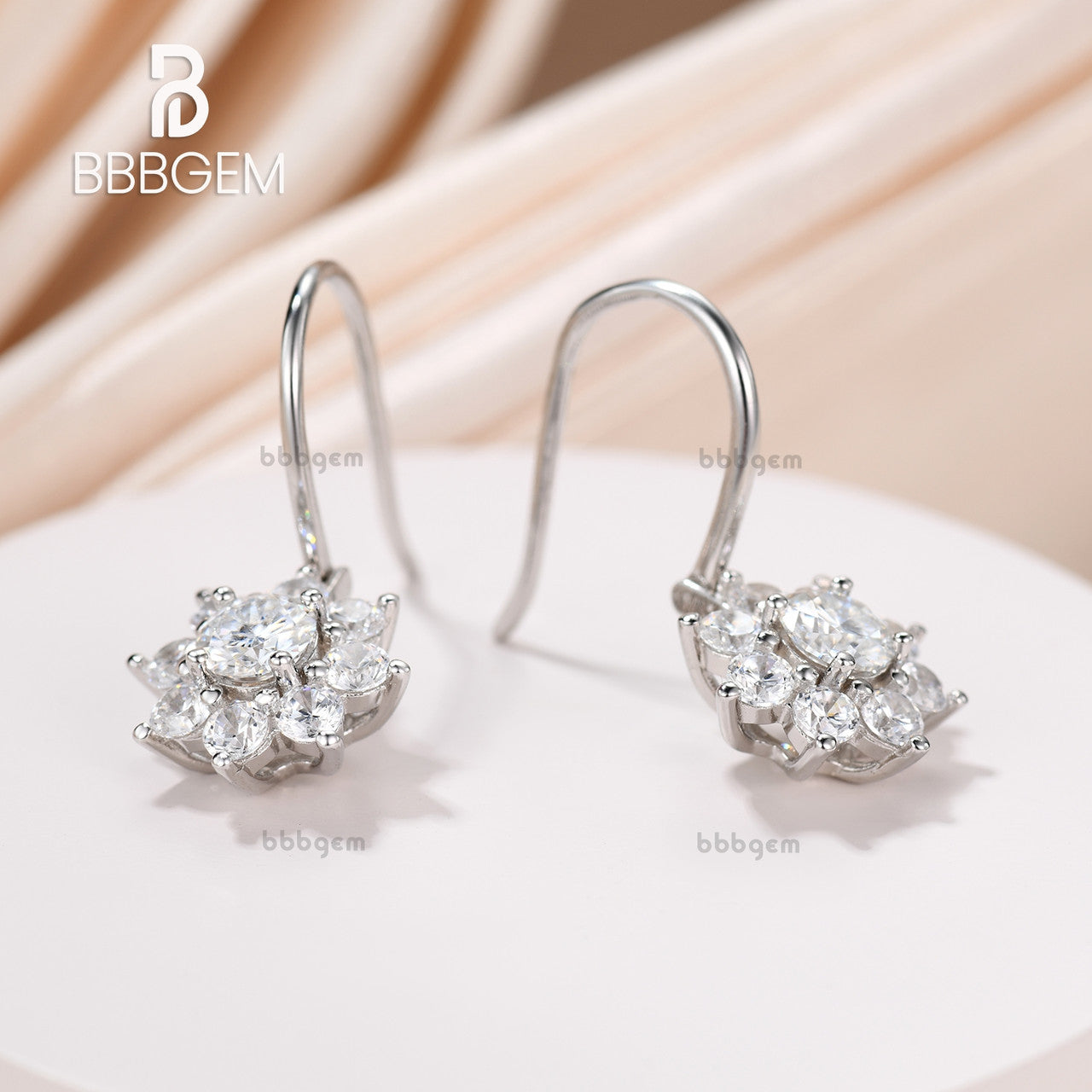 Hook Dangle Earrings for Women - Halo Moissanite Flower Cluster Sunflower Drop Earrings | Round Moissanite Jewelry Gift for Her | Perfect for Weddings, Parties & Special Occasions