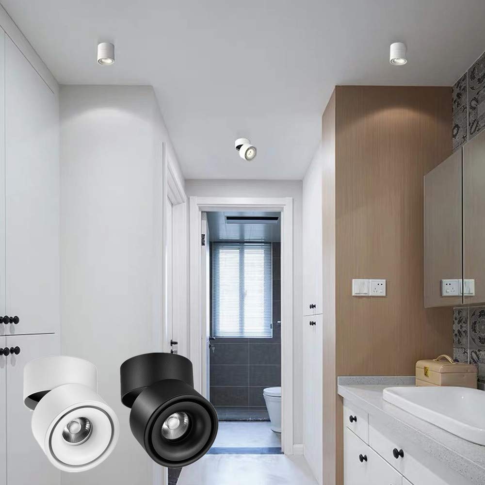 360° Adjustable LED Ceiling Spotlight - 10W COB Surface Mount Downlight with 3000K/4000K/6000K Color Temperature - Aluminum Wall & Ceiling Swivel Lamp for Living Room, Bedroom, Kitchen Lighting (White, 4000K Natural Light)