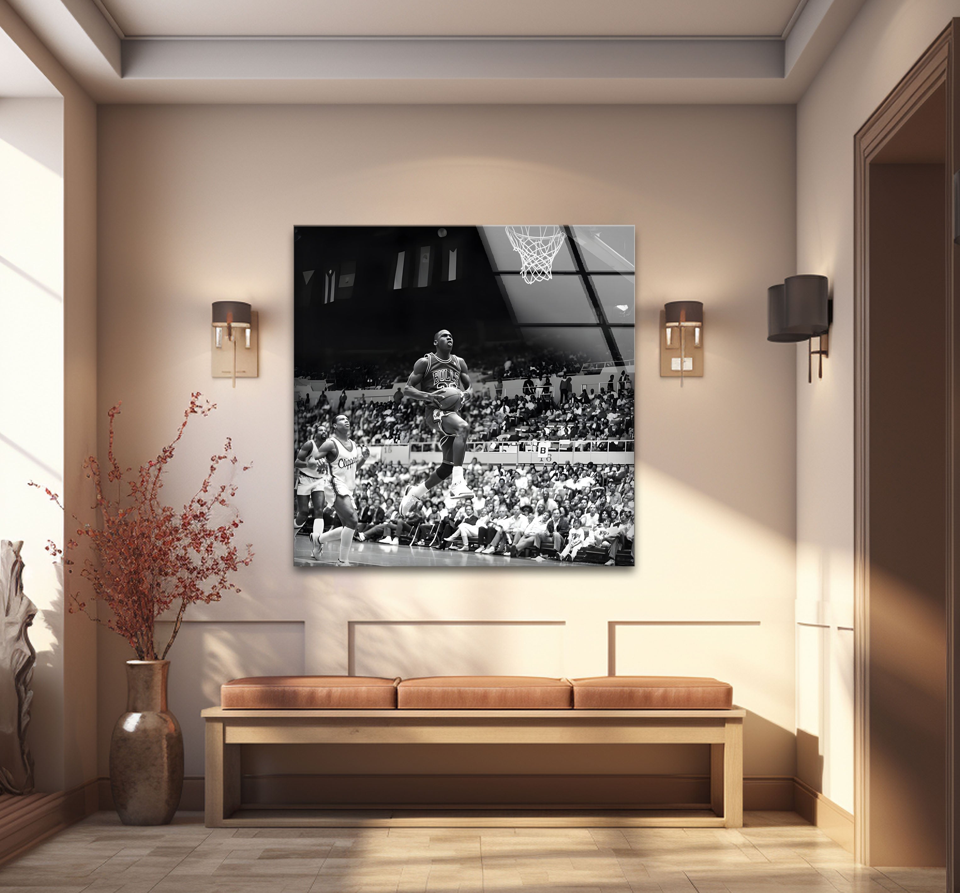 Michael Jordan Black and White Glass Wall Art - Premium Basketball Decor for Home, Office, or Man Cave