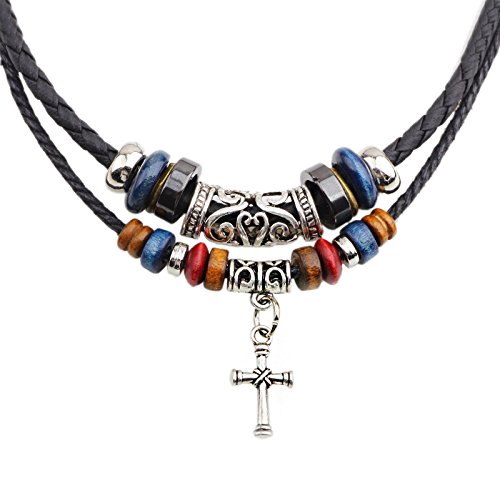 Vintage Style Double Layer Braided Leather Tribal Necklace with Cross Charm & Teeth Pendant - Boho Jewelry for Women, Festival Accessories, Layered Necklace for Everyday Wear
