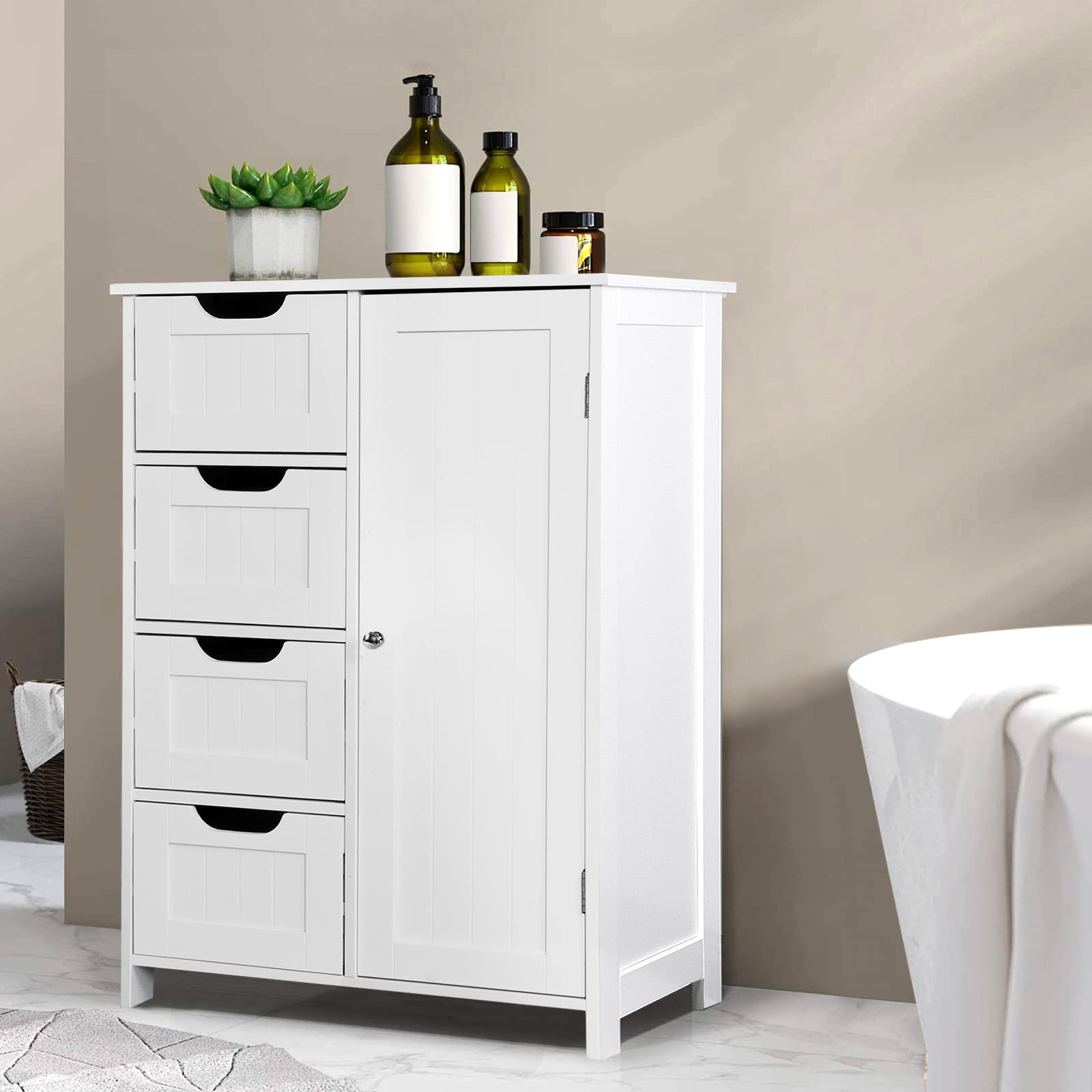 Sweiko White Freestanding Wooden Bathroom Storage Cabinet with 1 Door, 4 Drawers & Side Organizer - Perfect for Kitchen, Living Room, Bedroom & Hallway Storage Solutions (Home Organization Furniture)