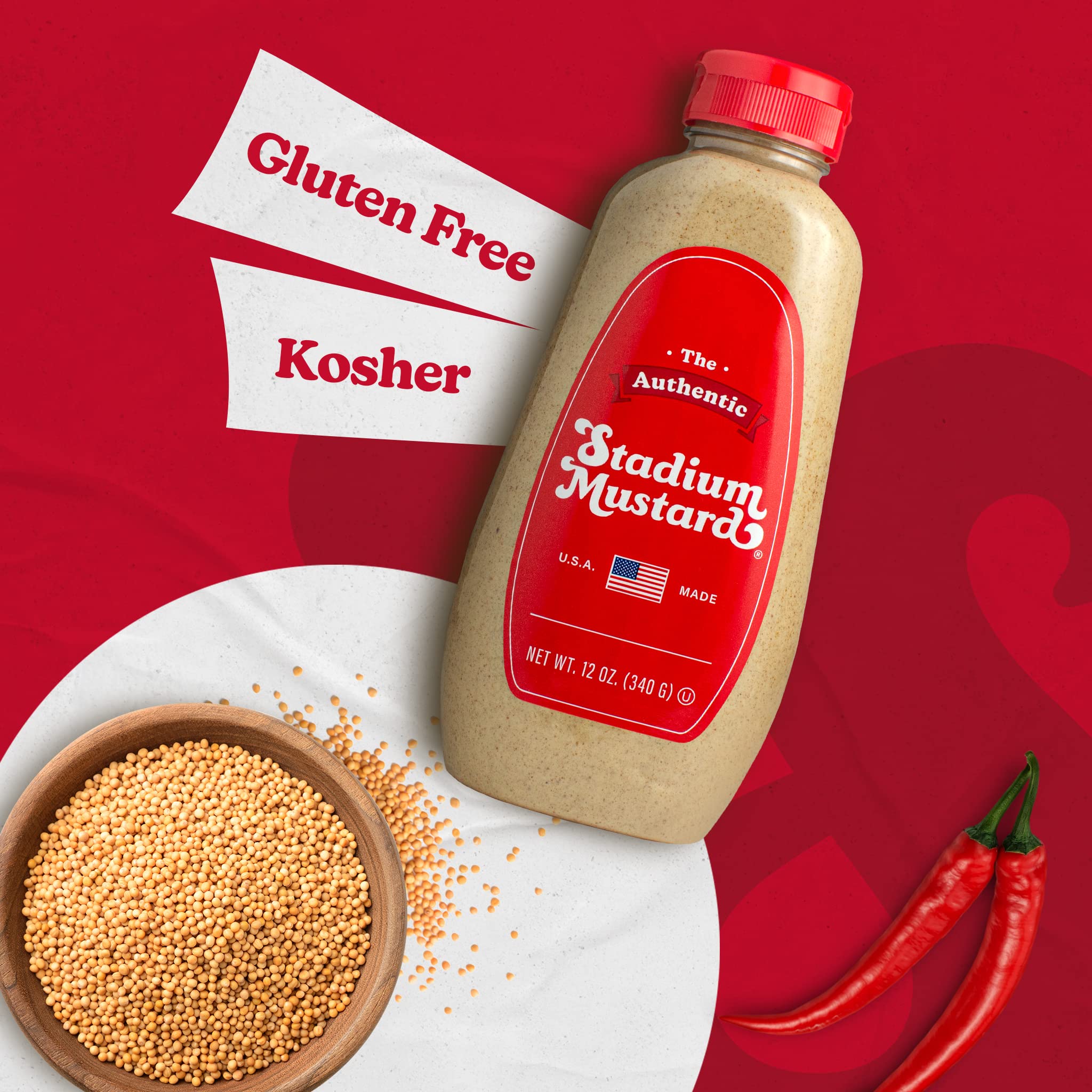Authentic Stadium Mustard - Classic Hot Dog & Hamburger Condiment | Gluten Free, Sugar Free, Kosher, Fat Free | 12oz Bottle | Perfect for BBQs, Picnics & Game Day Snacks