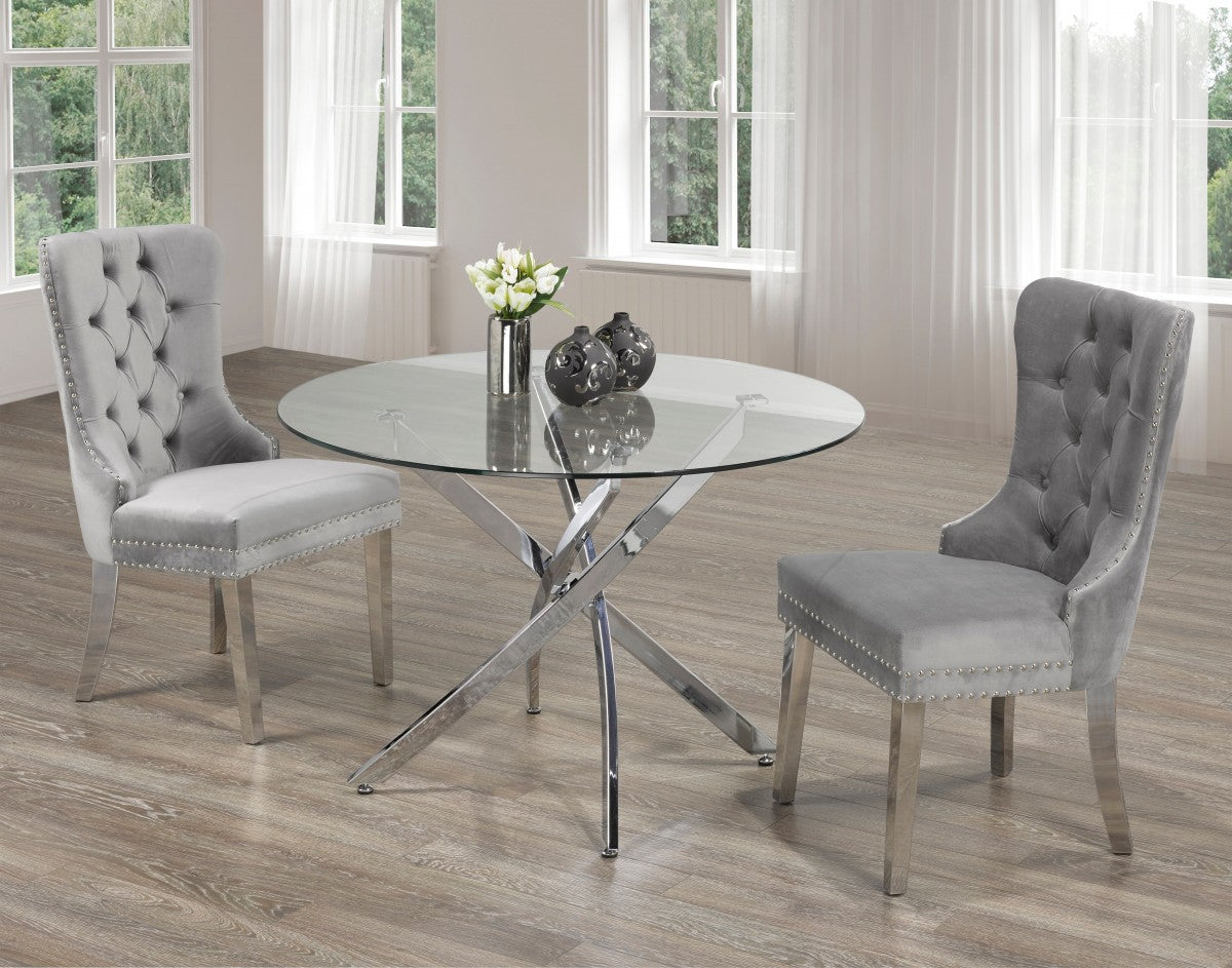 Modern 3-Piece Dinette Set with Tempered Glass Top Table & Grey Velvet Chairs - Chrome Metal Legs - Perfect for Small Spaces, Breakfast Nook, Kitchen or Apartment Dining
