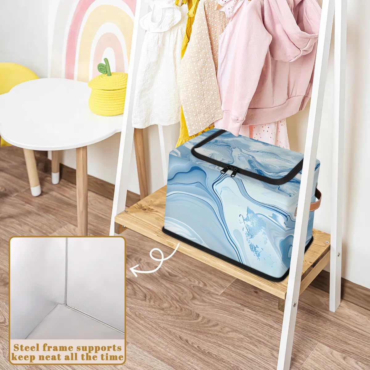 Collapsible Metal Frame Storage Bins with Zipper Lid & Handle - Light Blue Organizing Baskets (2 Pack) - Perfect for Bedroom, Closet, Toy & Clothes Storage - Space Saving Home Organization Solution