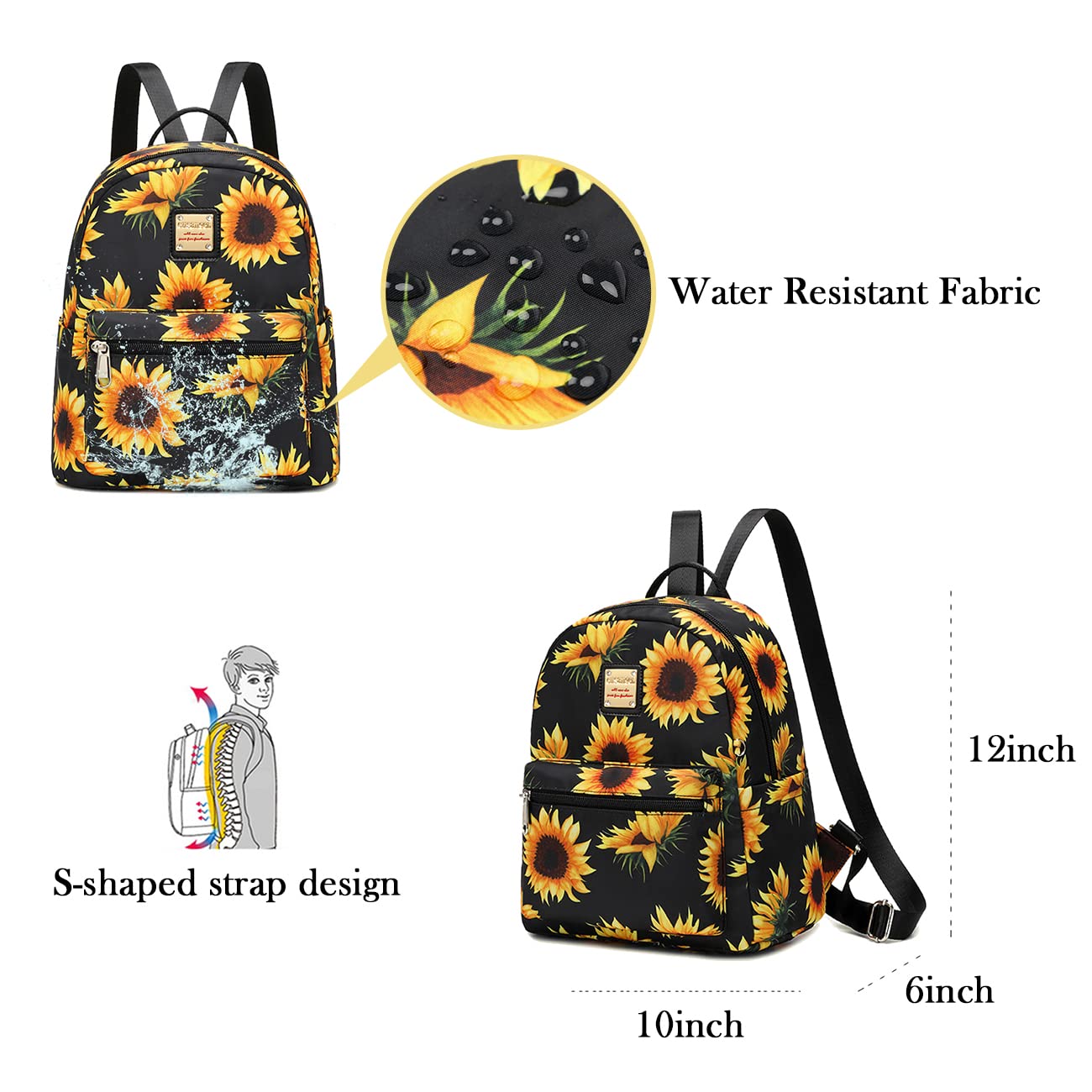 Cusangel Women's Mini Backpack Purse - Small Fashion Shoulder Bag with Water Bottle Pockets, Sunflower Design Backpack for Women & Girls | Perfect for Birthday, Mother's Day Gifts, Travel, School & Daily Use