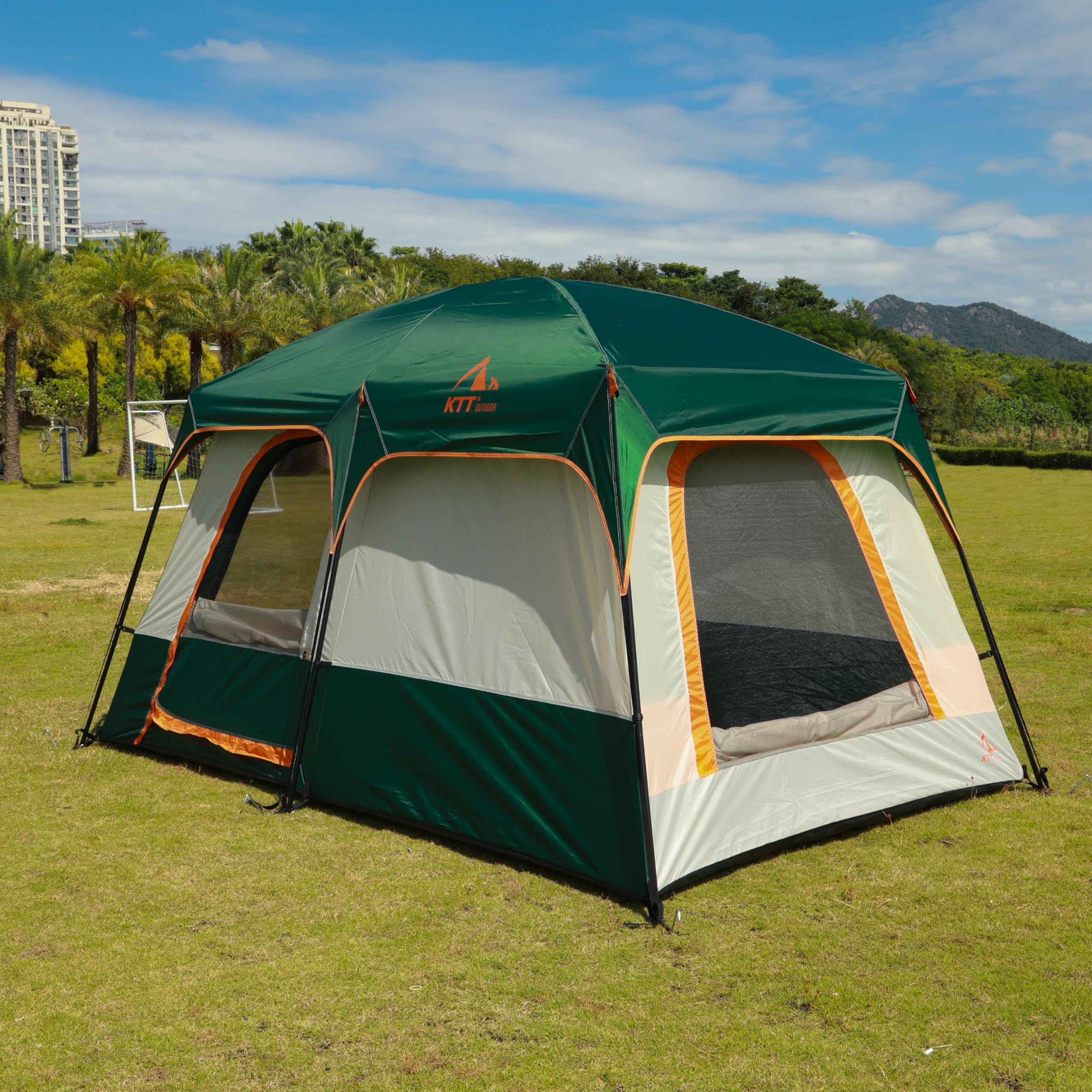 KTT Large Family Cabin Tent for 6-8 People - Waterproof Straight Wall Design with 3 Doors & 3 Mesh Windows - Spacious Outdoor Camping Tent for Picnics, Family Gatherings & Friends Trips - Perfect for Backyard, Beach & National Park Adventures