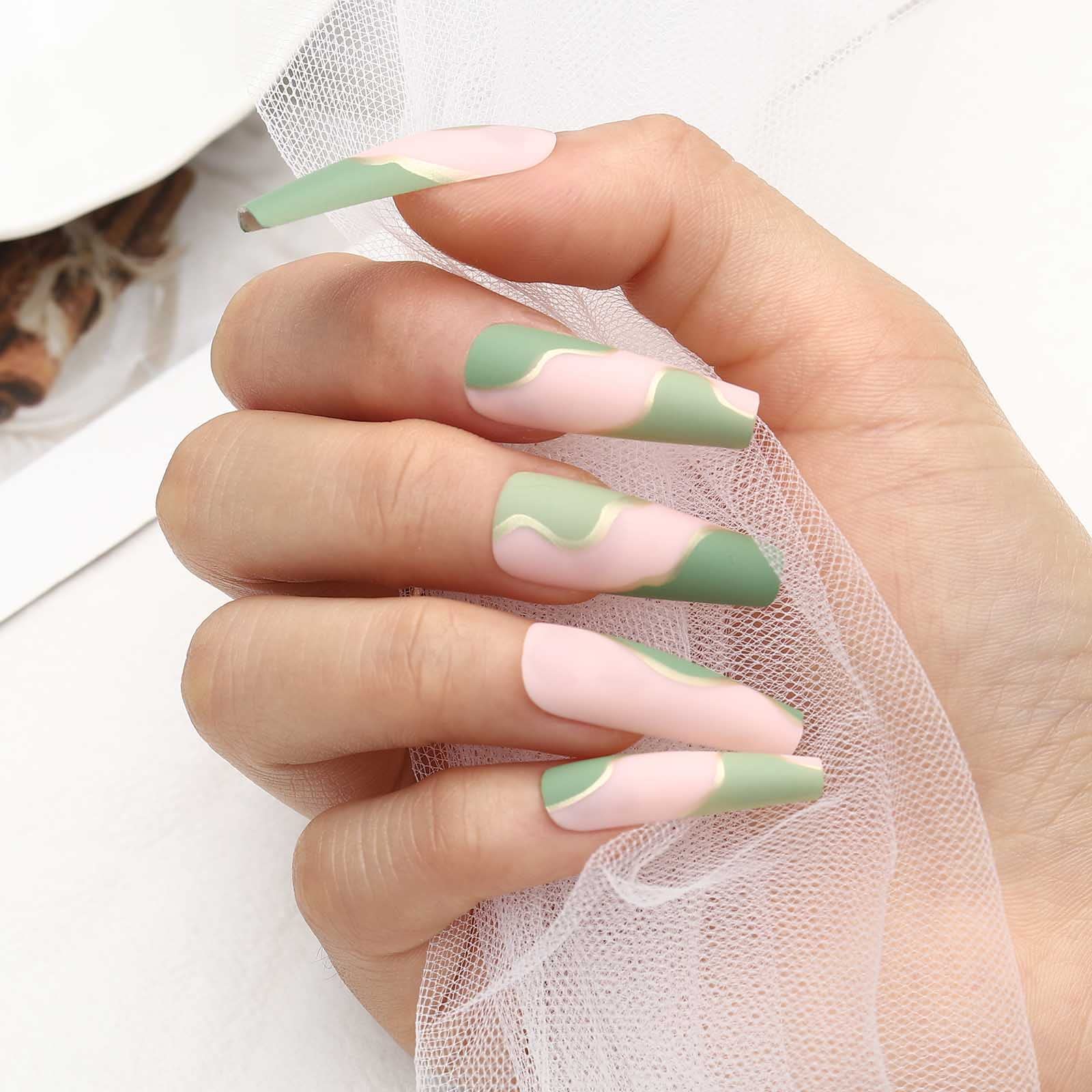 Acenail Extra Long Coffin Press-On Nails - 24PCS French Tip Fake Nails with Glossy Designs, Full Cover Acrylic Nail Tips for Women & Girls (#3 Matte Line) - Perfect for Parties, Weddings & Daily Wear