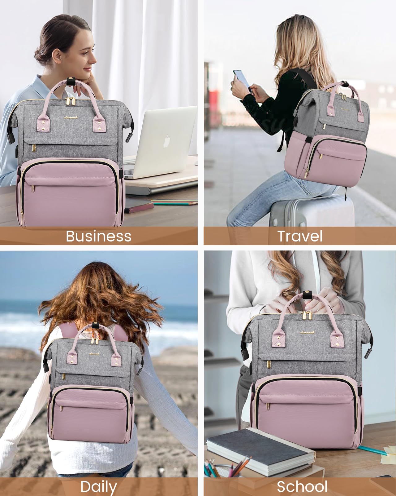 LOVEVOOK Women's Fashion Laptop Backpack with USB Port - Stylish Grey-Light Purple Business Travel Bag for Work, School, or Daily Commute, Fits 17-Inch Laptop
