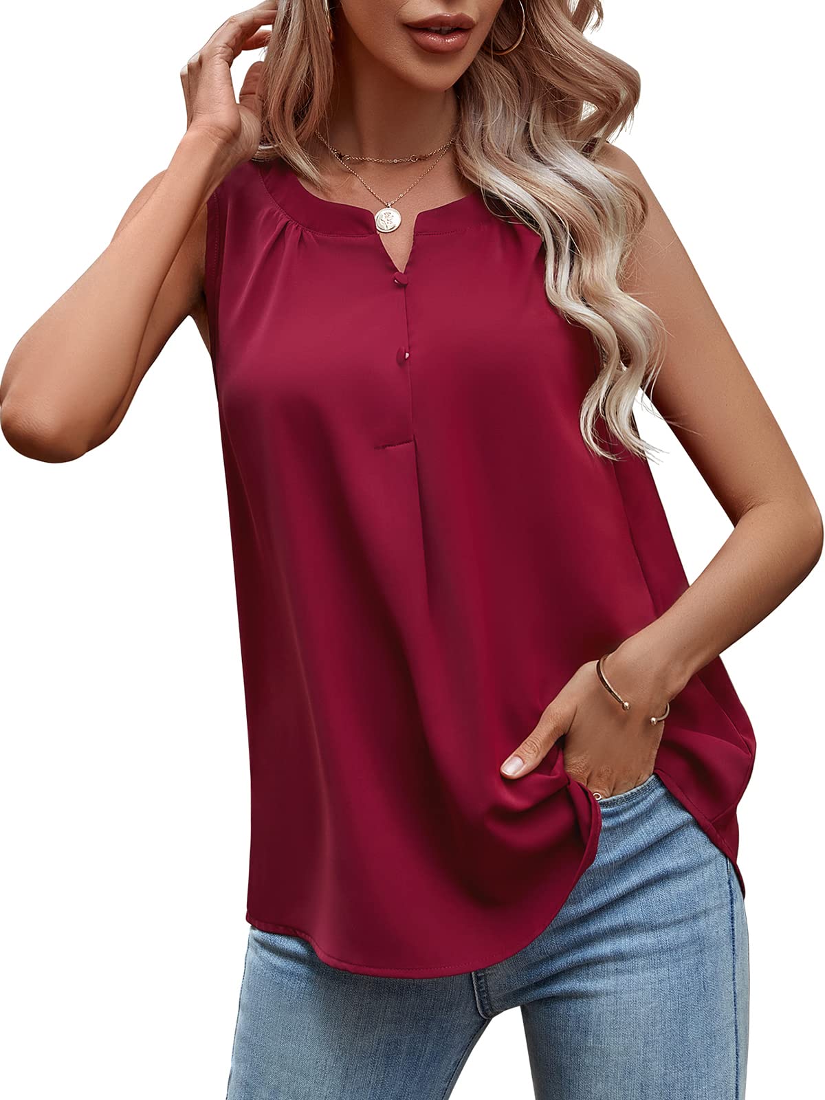 QUEZHU Women's Summer Sleeveless Chiffon Blouse - V Neck Button Down Shirt for Work & Casual Wear | Lightweight Breathable Top for Office, Outing & Vacation