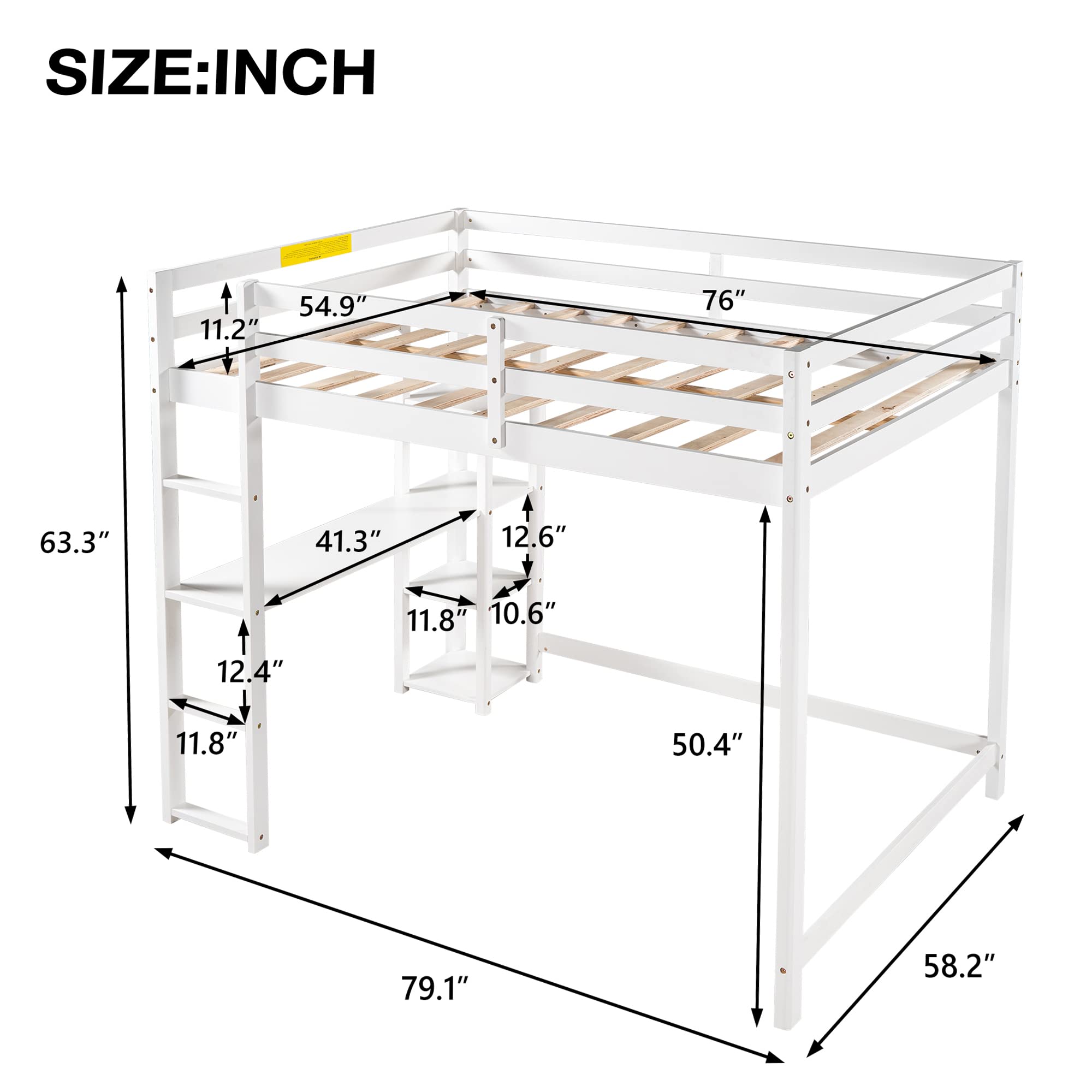 **Full Loft Bed with Built-in Desk & Shelves for Kids, Teens & Adults - Sturdy Wooden Space-Saving Loft Bed with Ladder & Full-Length Guardrail - Perfect for Small Bedrooms, Dorms & Studio Apartments (White)**