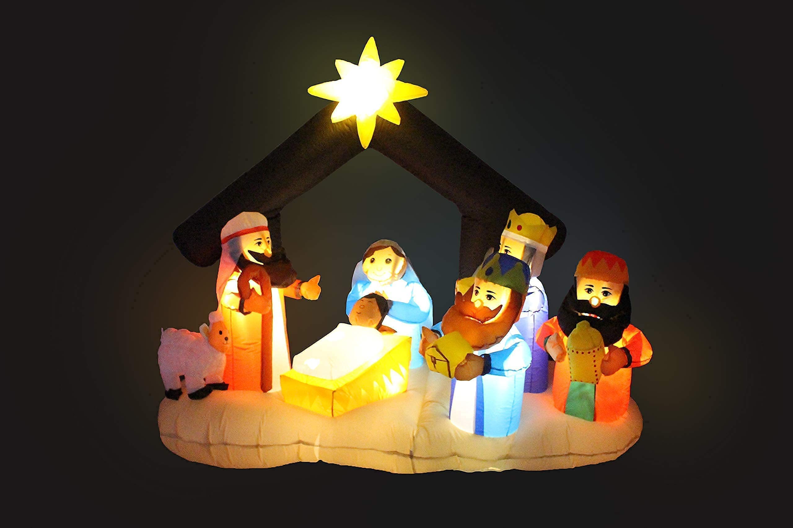 7ft Inflatable Santa Claus & Penguin Island with Palm Tree + 6ft Inflatable Nativity Scene with Three Kings & Lights - Christmas Party Decorations Bundle for Outdoor Yard, Holiday Festivities & Seasonal Celebrations