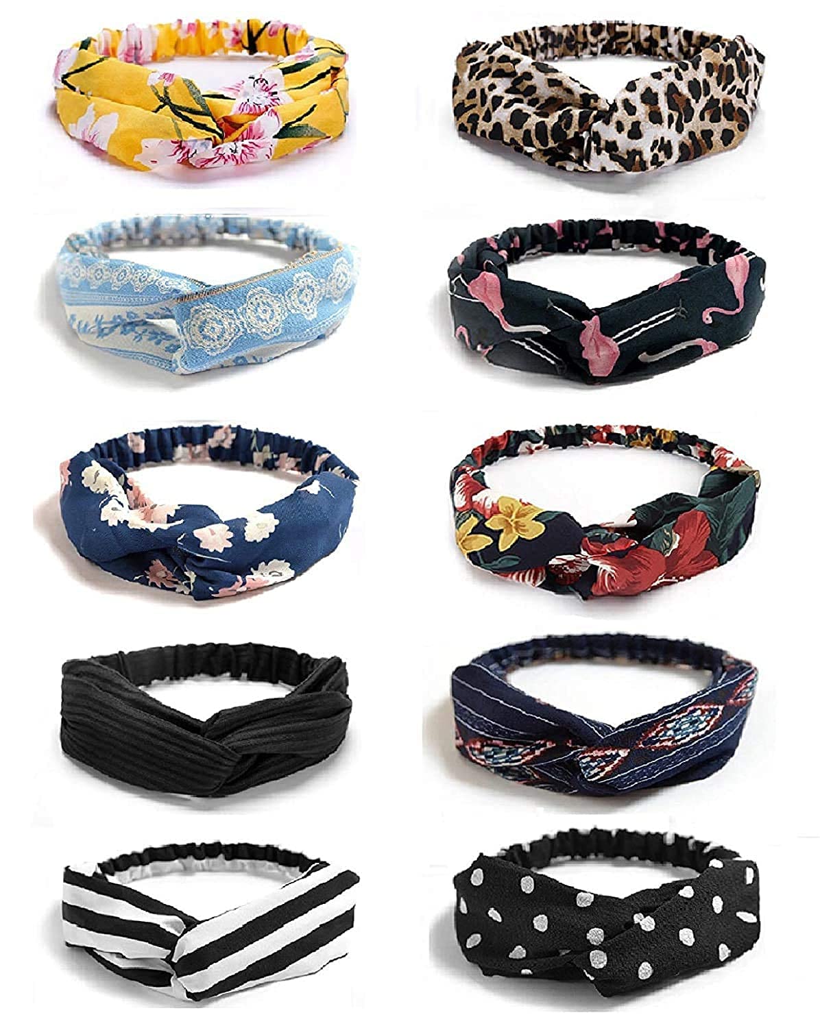 Jimit Women's 10 Pack Elastic Headbands - Solid & Floral Print Stretchy Hair Wraps, Turban Headbands for Women, Vintage Hair Accessories (10 Pcs, Multicolor) - Perfect for Workouts, Yoga, Running and Everyday Fashion