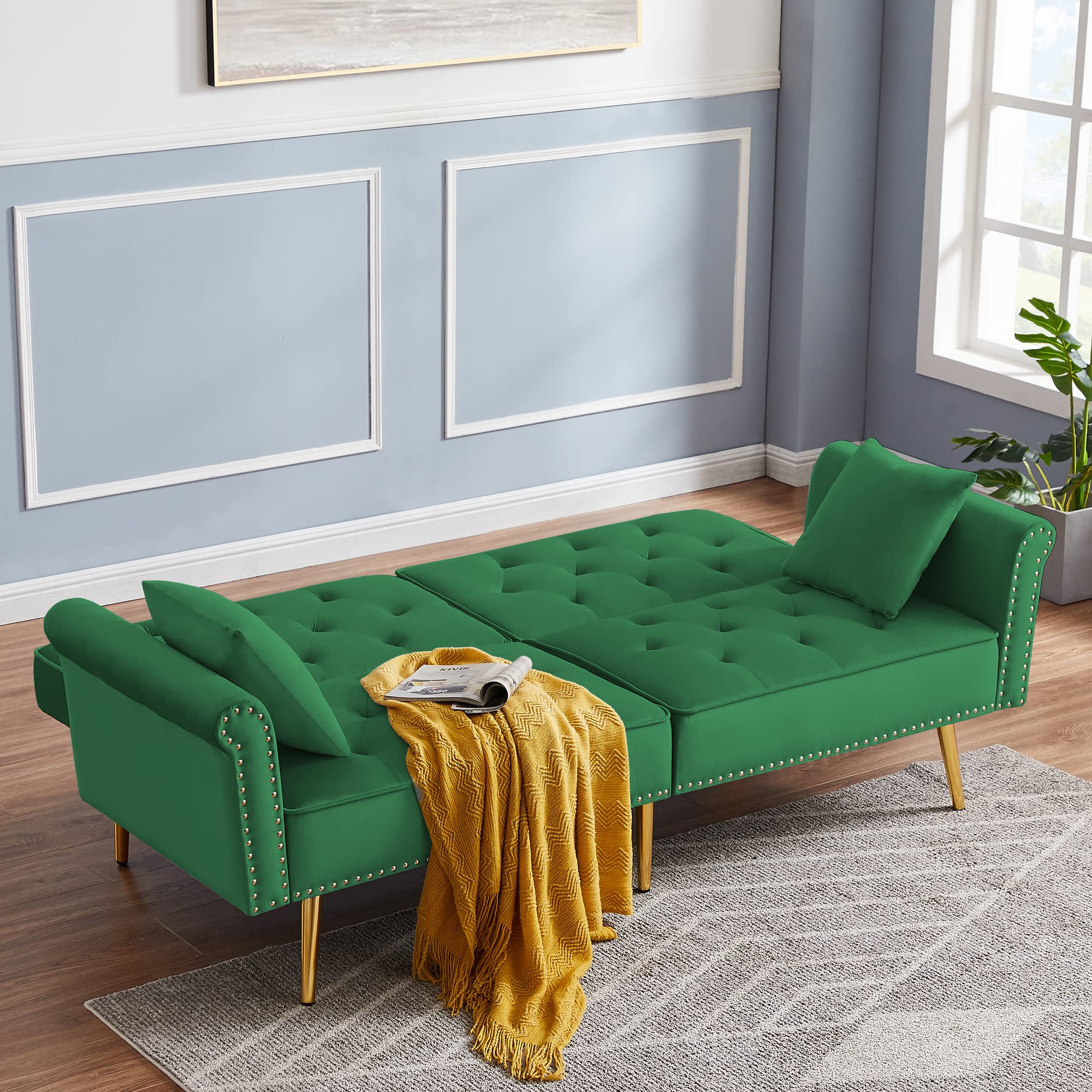 Velvet Tufted Convertible Futon Sofa Bed with 2 Pillows - Nailhead Trim & Metal Legs - Small Space Sofa Bed for Bedroom, Living Room, Apartment - Green with Gold Accent - Perfect for Guest Rooms, Studio Apartments and Cozy Reading Nooks