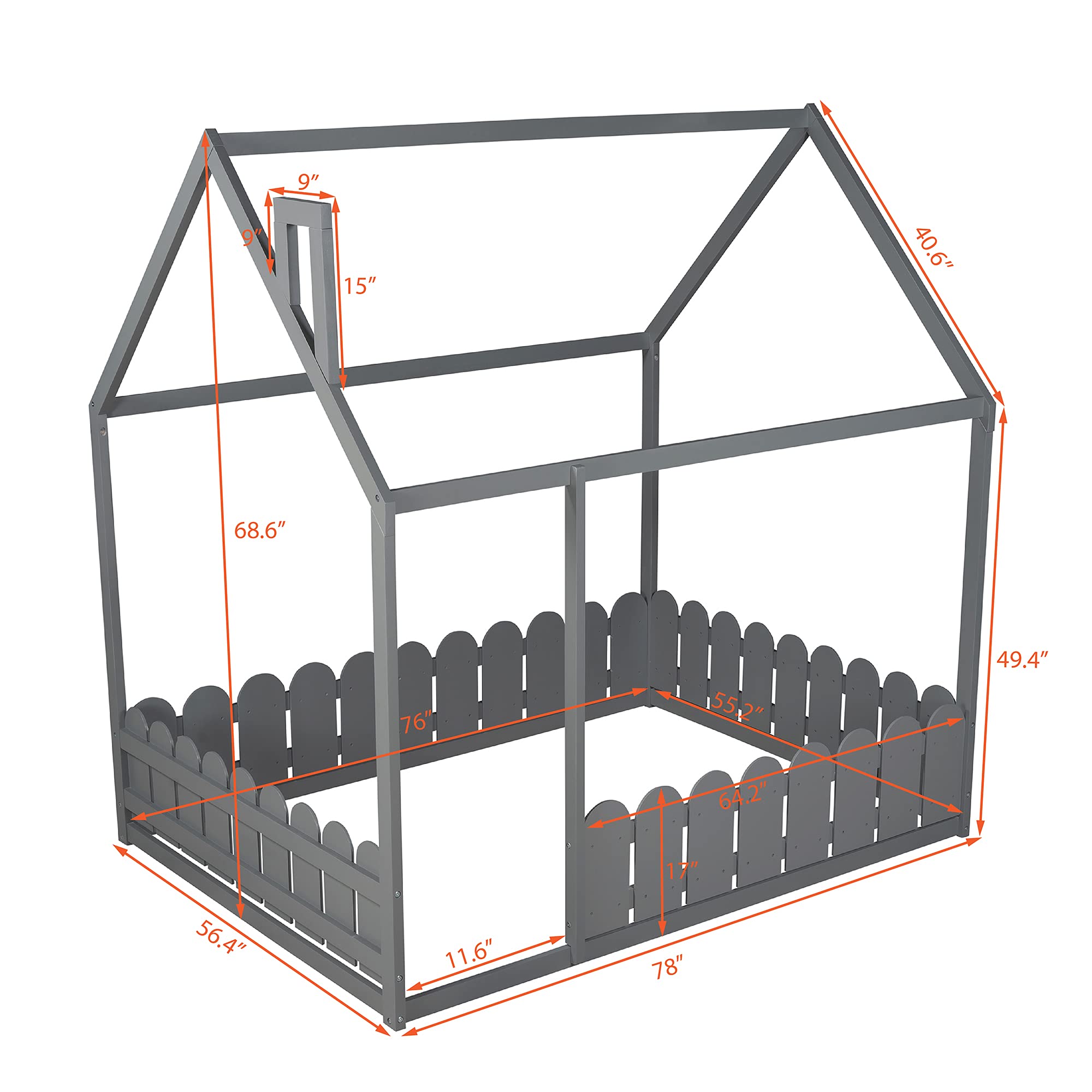 **Full Size House Bed with Roof & Fence-Shaped Guardrail - Sturdy Kids & Teens Bed Frame in Grey - Perfect for Playrooms, Bedrooms & Imaginative Play**