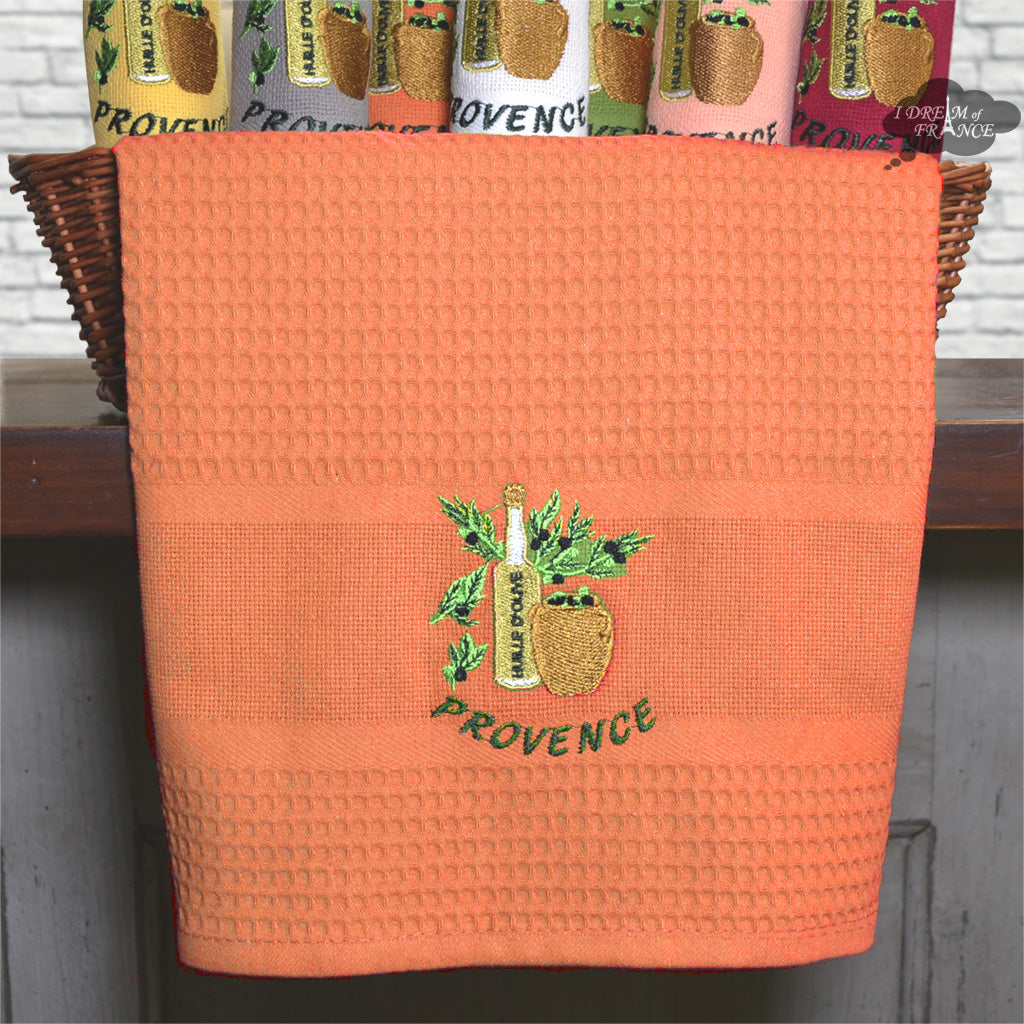 Premium Provence Olive Oil & Tangerine Waffle Weave Kitchen Towel Set by Coton Blanc - Absorbent Dish Towels for Cooking, Baking & Kitchen Decor