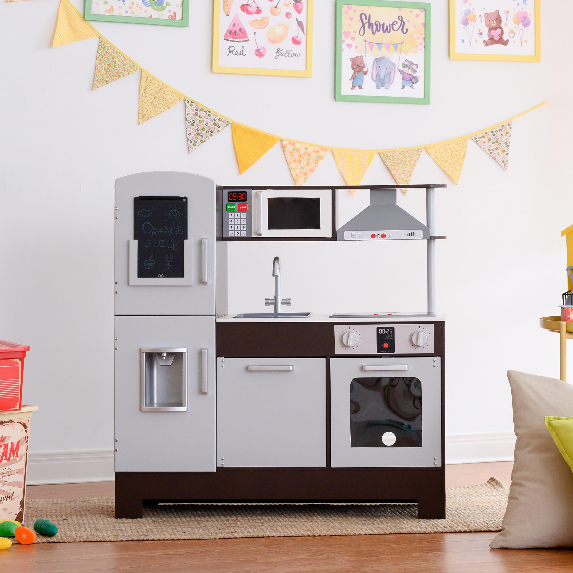Teamson Kids Little Chef Play Kitchen Munich Classic - Wooden Pretend Play Kitchen Set with Electric Writing Board, Espresso/Gray - Perfect for Toddlers Role Play & Early Learning at Home