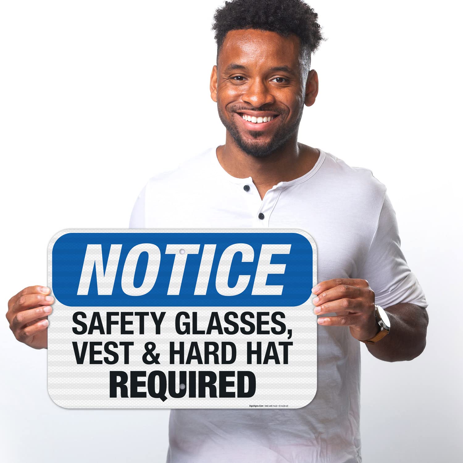 OSHA Compliant Safety Glasses Vest & Hard Hat Required Sign - 12x18 Inch Reflective Aluminum Sign for Construction Sites & Work Zones - 3M EGP .063 Fade-Resistant Material - Indoor/Outdoor Use - Made in USA - Perfect for Factories, Warehouses & Hazardous Areas