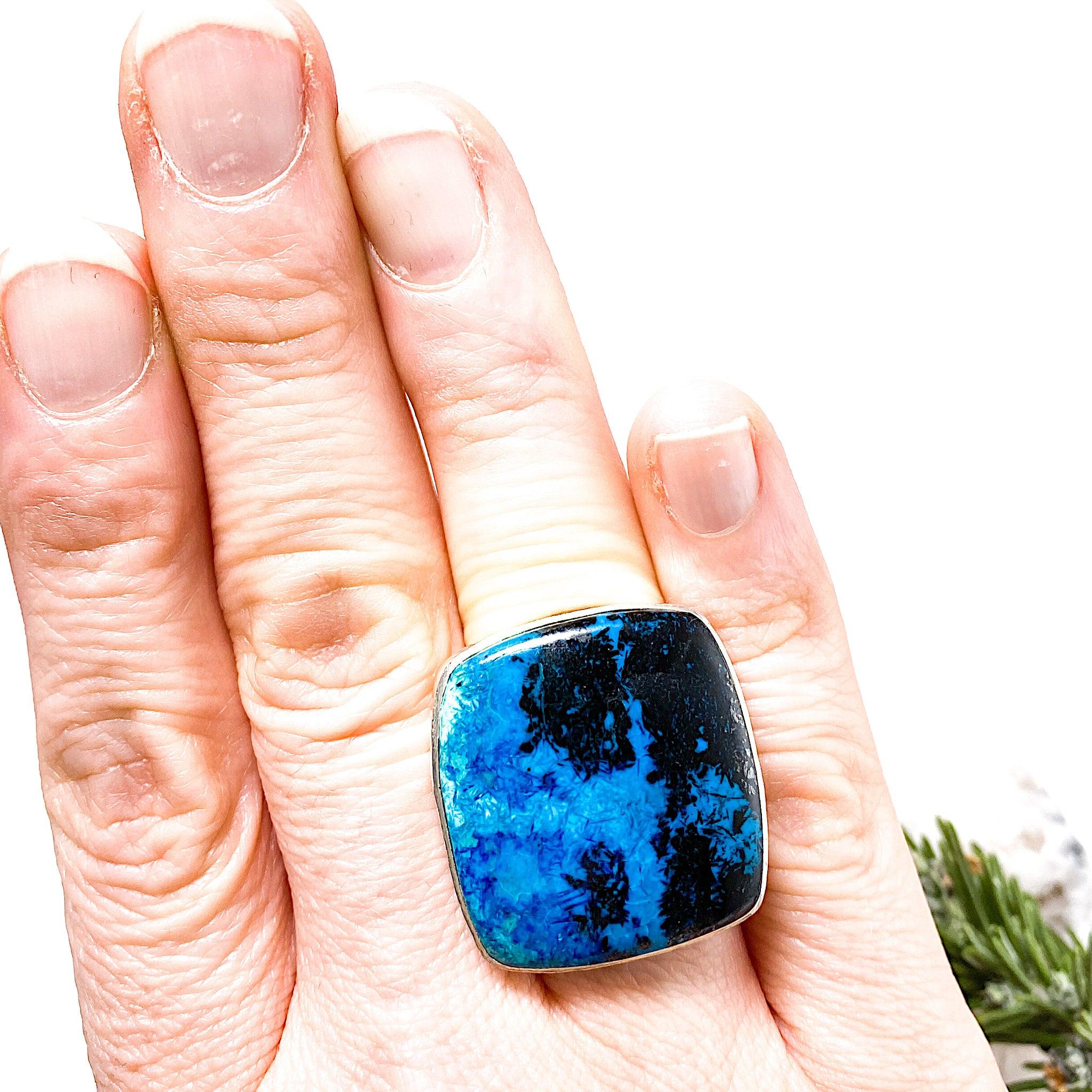 Shattuckite Square Cabochon Ring with Hammered Band - Size 8 - KRGJ526 - Perfect for Boho Jewelry Lovers & Crystal Healing Enthusiasts