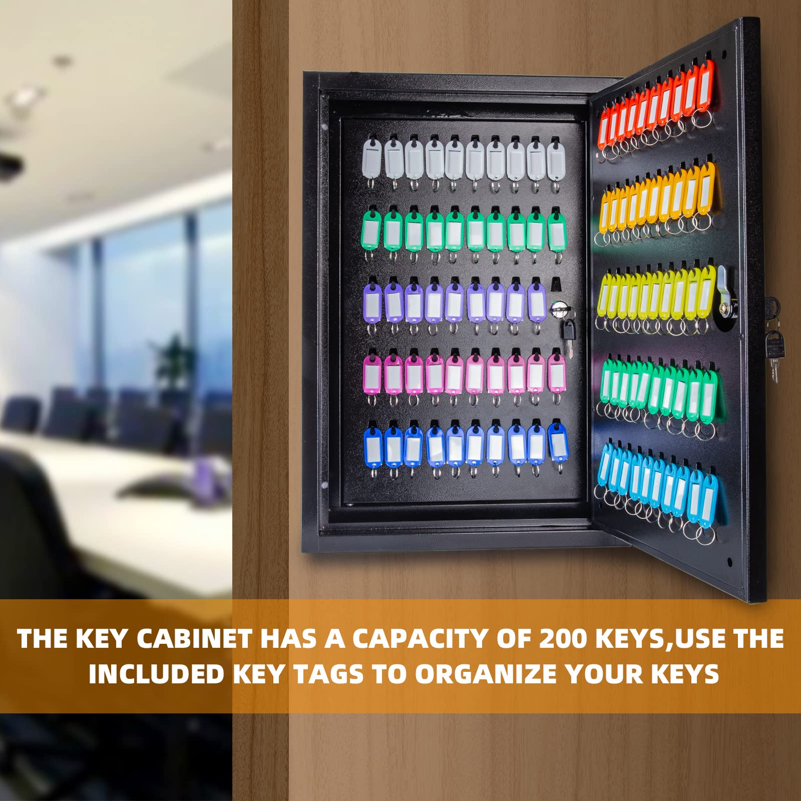 Wall Mount Key Organizer with 200 Hooks & Secure Key Lock Box - Durable Key Storage Cabinet for Home, Office, Hotel & Car Keys - Perfect for Property Managers, Landlords & Key Control Security (Black)