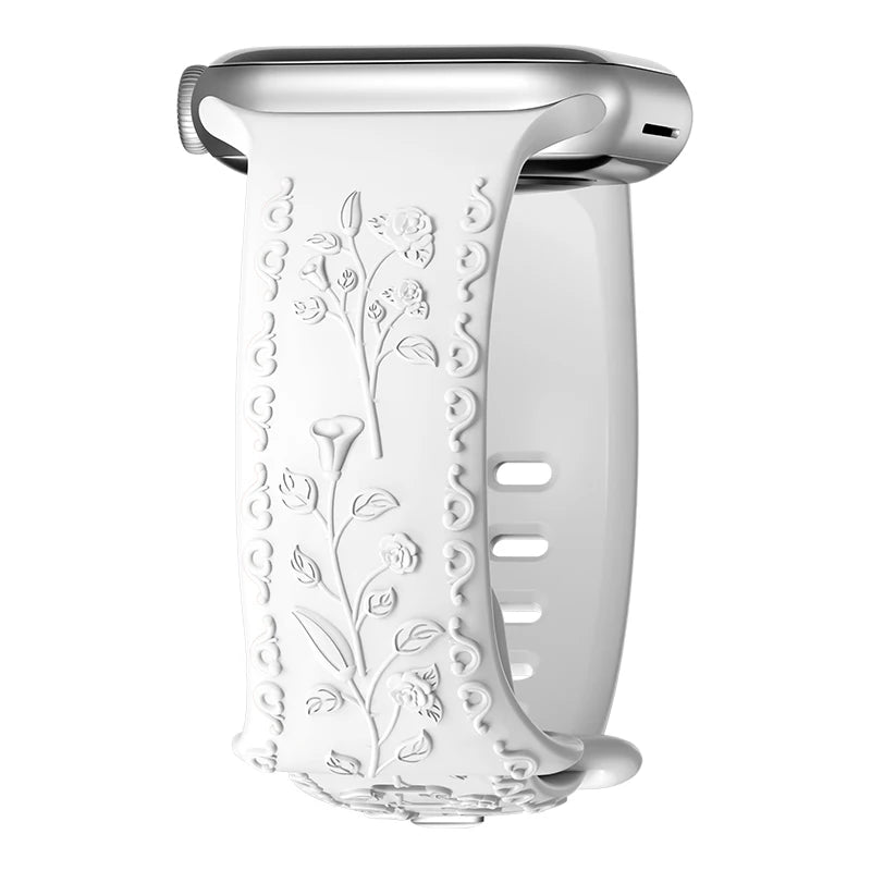Botanical Bliss Engraved Silicone Strap for Apple Watch - White - Perfect for Workouts, Yoga & Everyday Wear