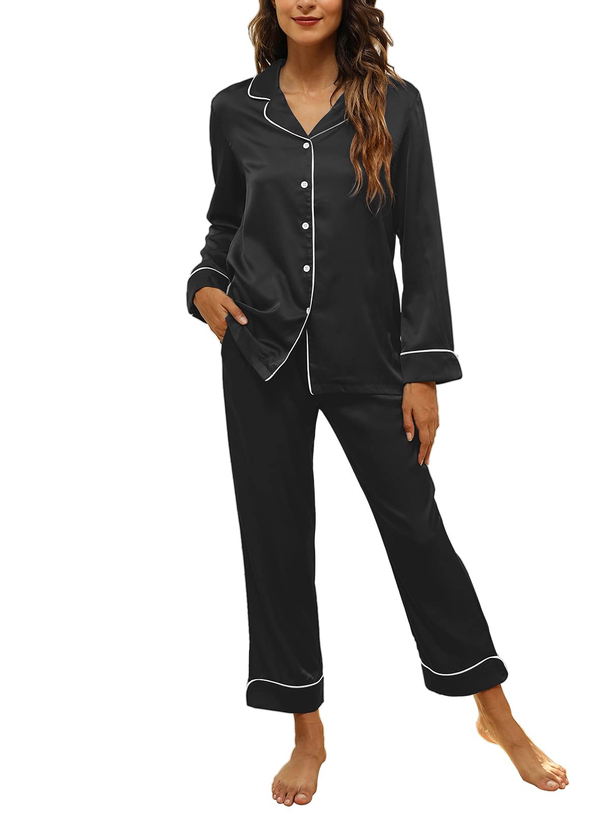 KIKIBERRY Women's Satin Silk Pajama Set - Long Sleeve Button Down Sleepwear, Loose Comfy Knit PJs for Lounge & Nightwear | Perfect for Relaxing at Home, Gift Giving & Cozy Evenings