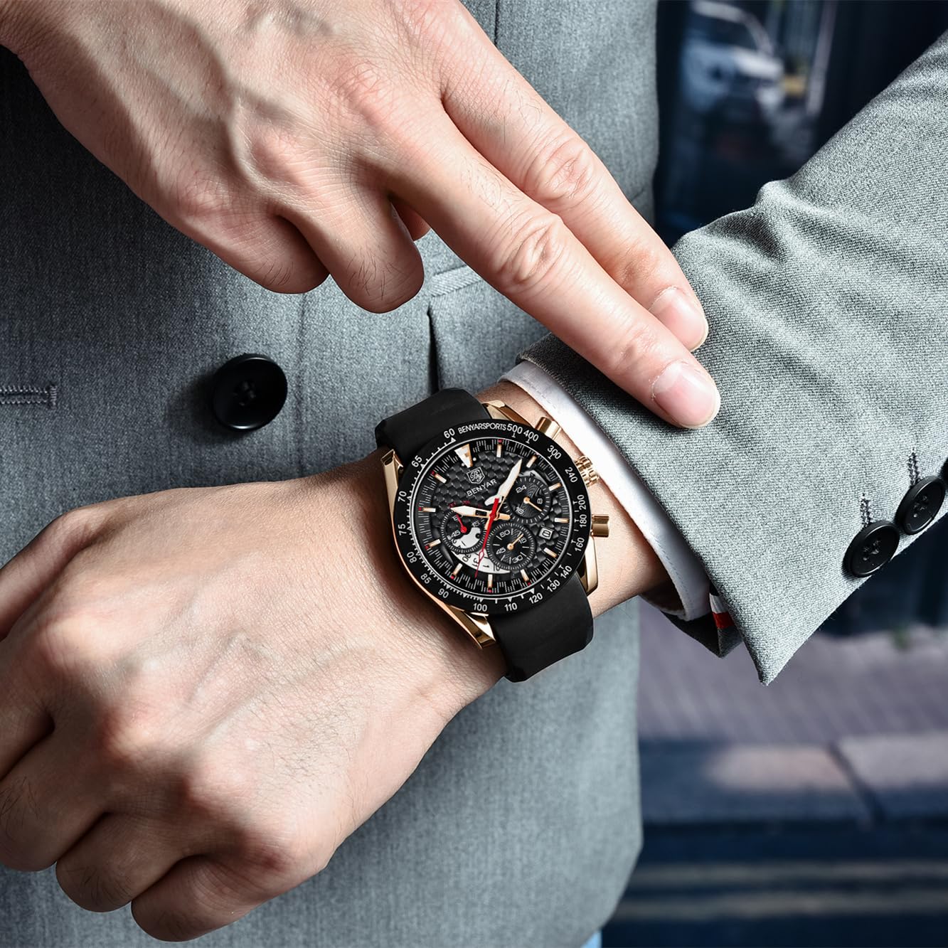 BY BENYAR Men's Sports Chronograph Watch - Stylish Analog Quartz Watch with Date Display, Waterproof 3ATM & Leather Strap - Perfect for Business, Casual & Outdoor Activities
