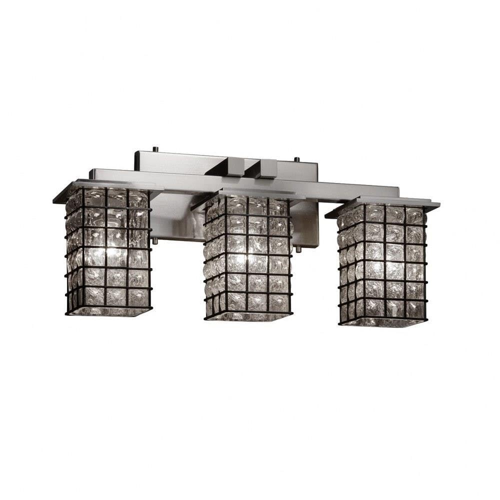 Justice Design Group 3-Light Bathroom Vanity Light - Brushed Nickel Finish with Clear Wire Grid & Blown Glass Shade | Modern Bath Bar Lighting for Bathroom, Powder Room & Dressing Area