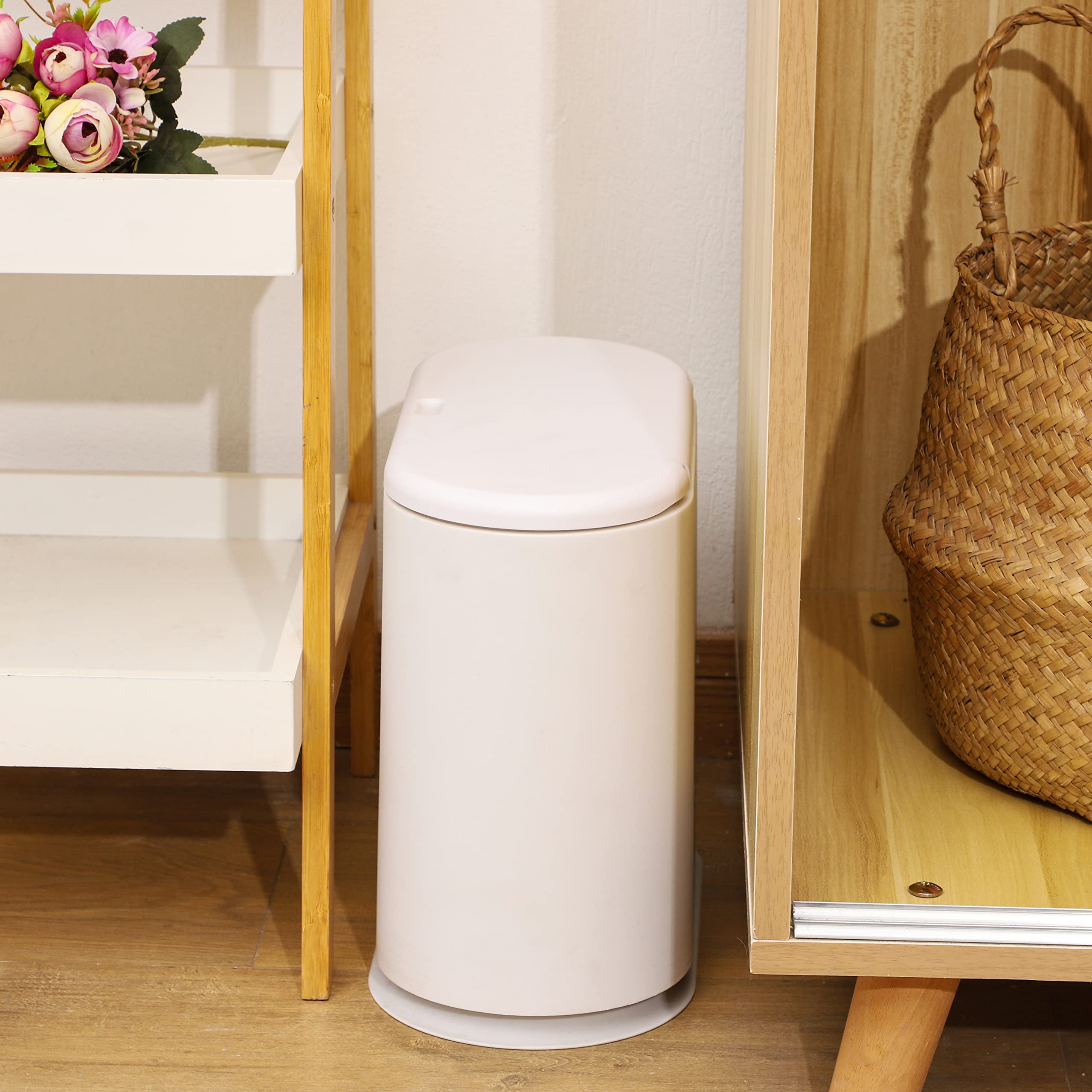 8L Slim Plastic Trash Can with Press Top Lid - 2.1 Gallon Small Narrow Garbage Bin, Dog Proof Wastebasket for Bathroom, Living Room, Bedroom, Kitchen & Office - Perfect for Small Spaces & Pet Owners (White)