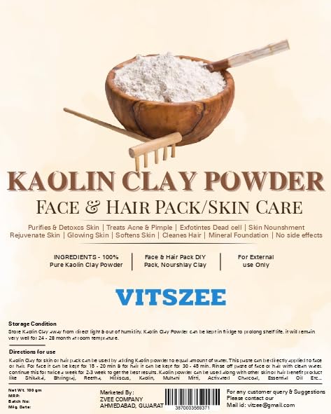VITSZEE Kaolin Clay Powder - 100g Pure White Cosmetic Clay for Face Mask, Skin Detox & DIY Beauty - Perfect for Acne Treatment, Pore Cleansing & Sensitive Skin Care