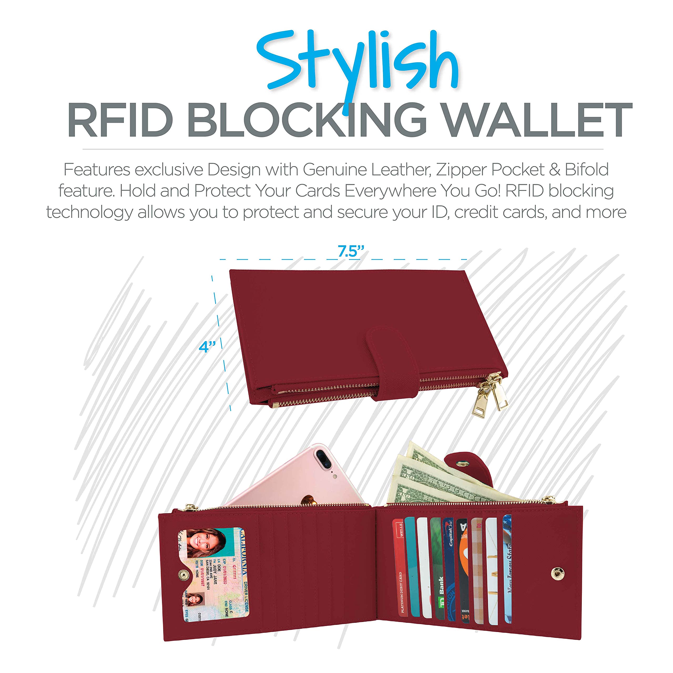 RFID Blocking Wallet for Women - Genuine Leather Bifold Wallet with Zipper Pocket, Credit Card Holder - Stylish & Secure for Travel, Shopping & Daily Use (Red)