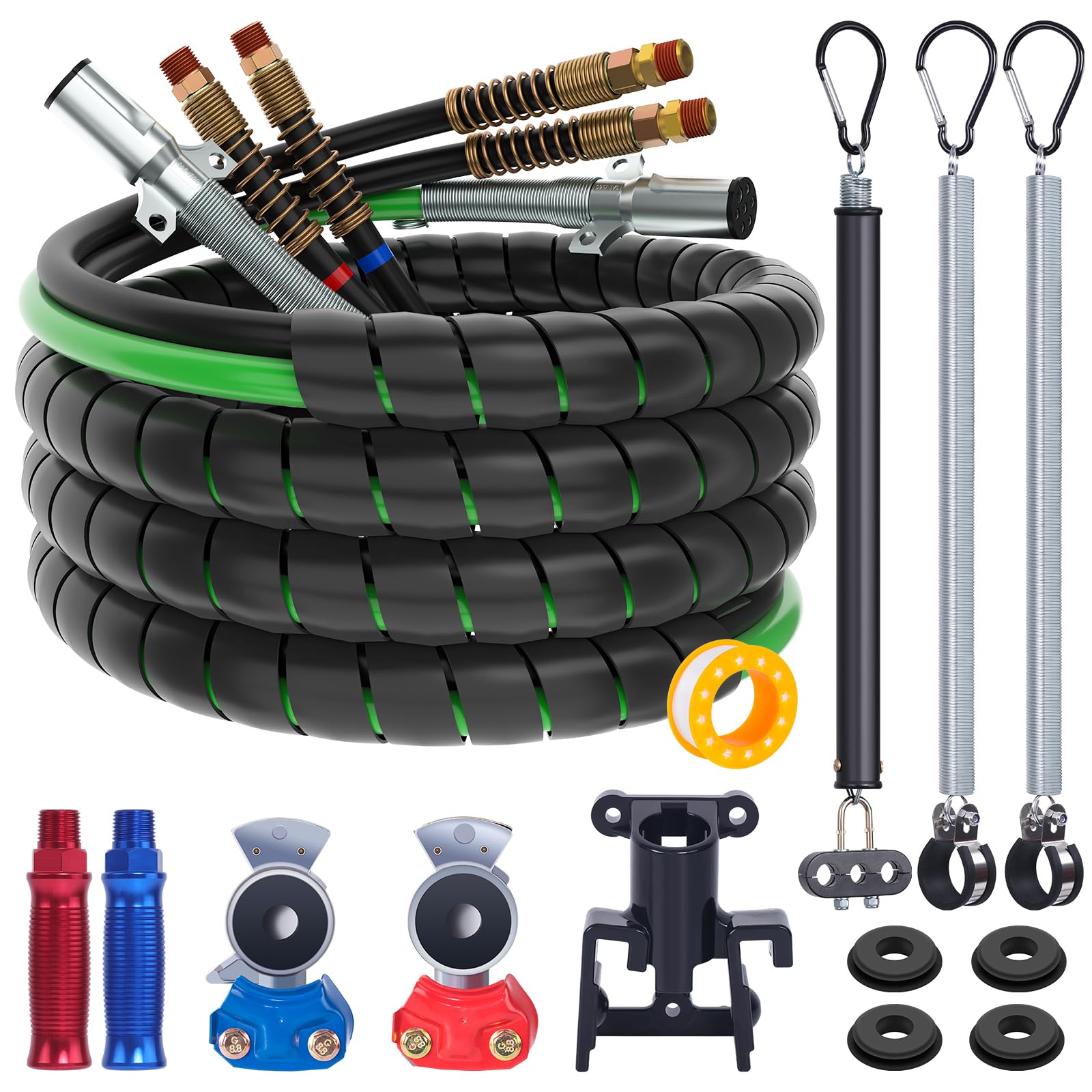 CheeMuii 15 FT Semi Truck Air Line Kit with Gladhands, Air Line Holder, Springs & 7 Way Trailer Cord - Heavy Duty Replacement for Tractor Trailer Brake Systems, Perfect for Long Haul Trucking and Commercial Vehicle Maintenance