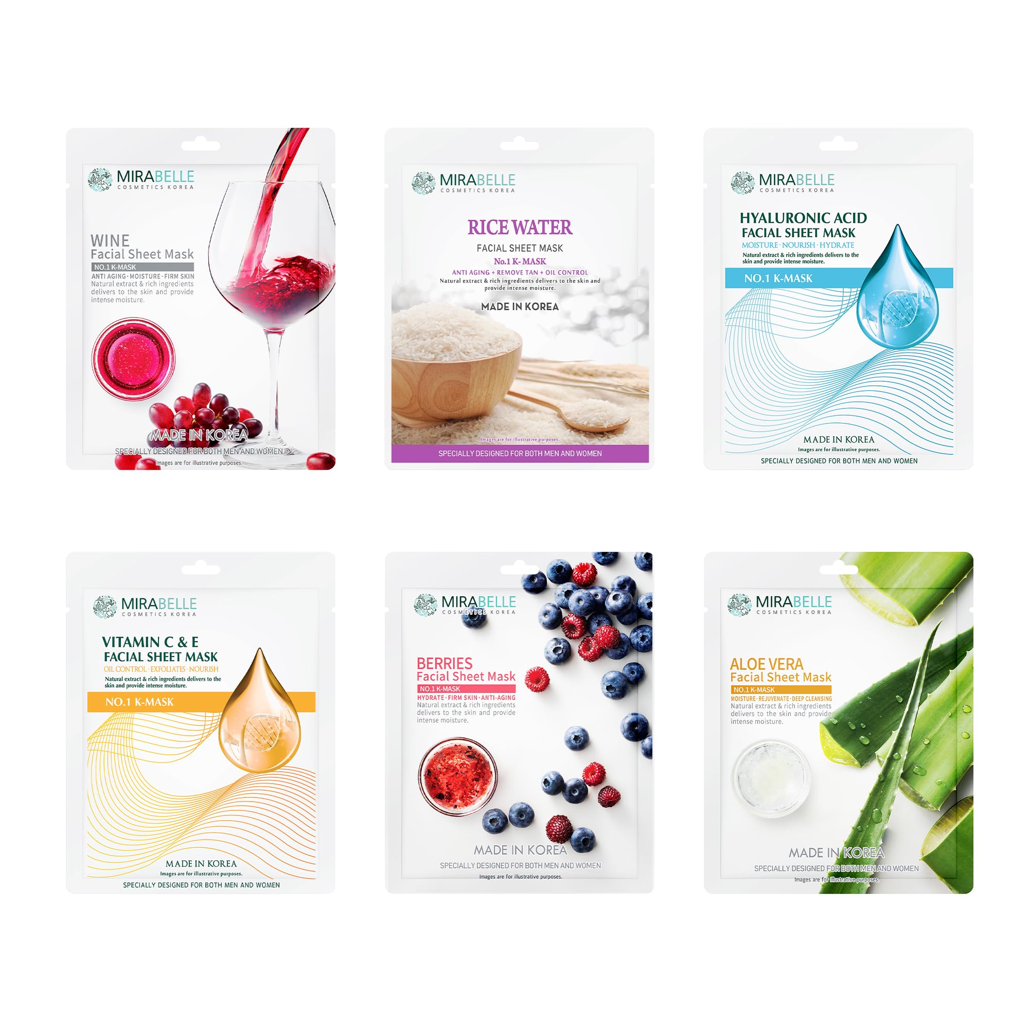 Mirabelle Sensitive Korean Face Sheet Mask - Hydrating & Brightening Serum Mask for Women & Men | 6-Pack (25ml Each) | Perfect for Daily Skincare & Spa Night