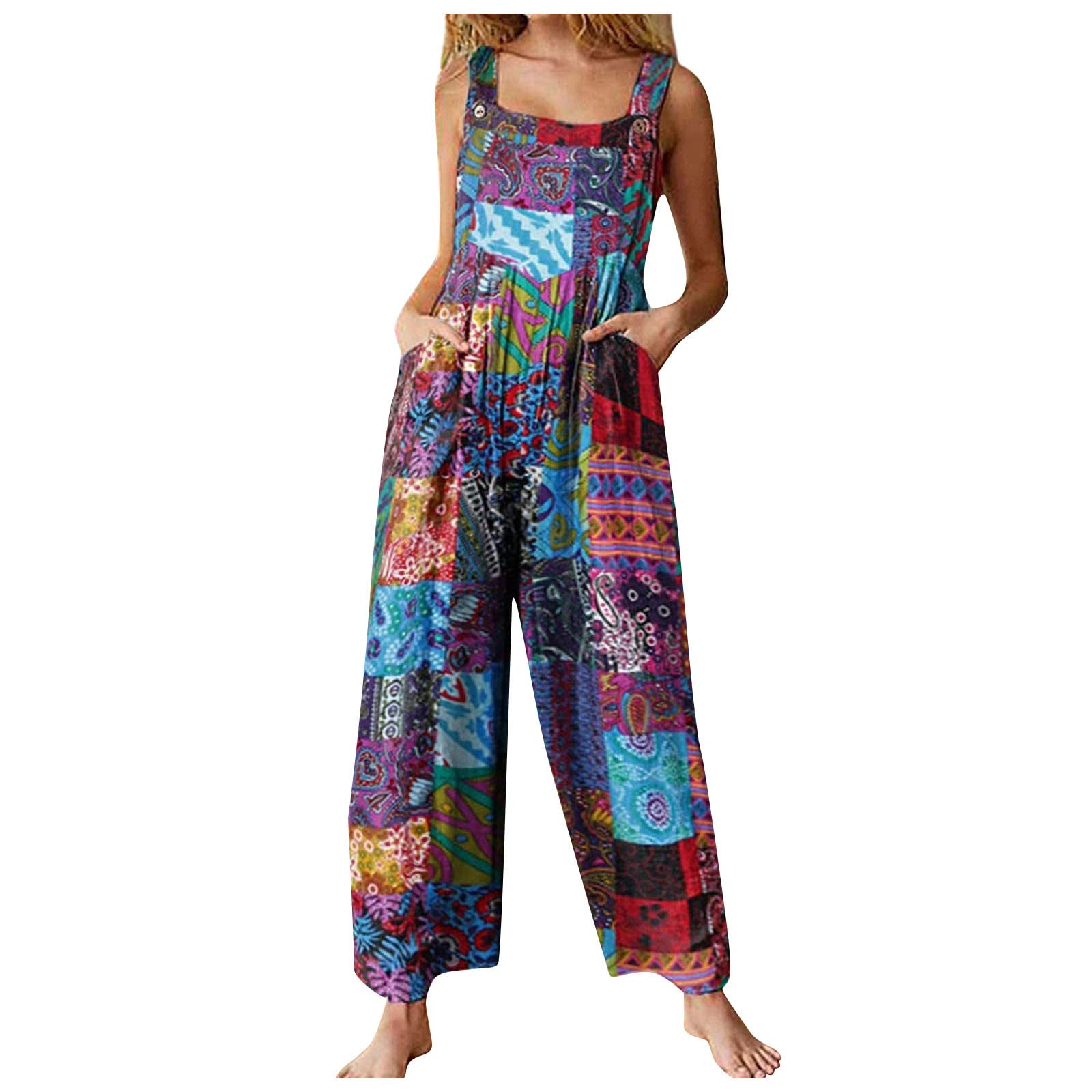Stylish Women's Patchwork Printed Button-Up Jumpsuit with Adjustable Straps - Trendy 2024 Fashion for Casual Outings, Parties & Office Wear