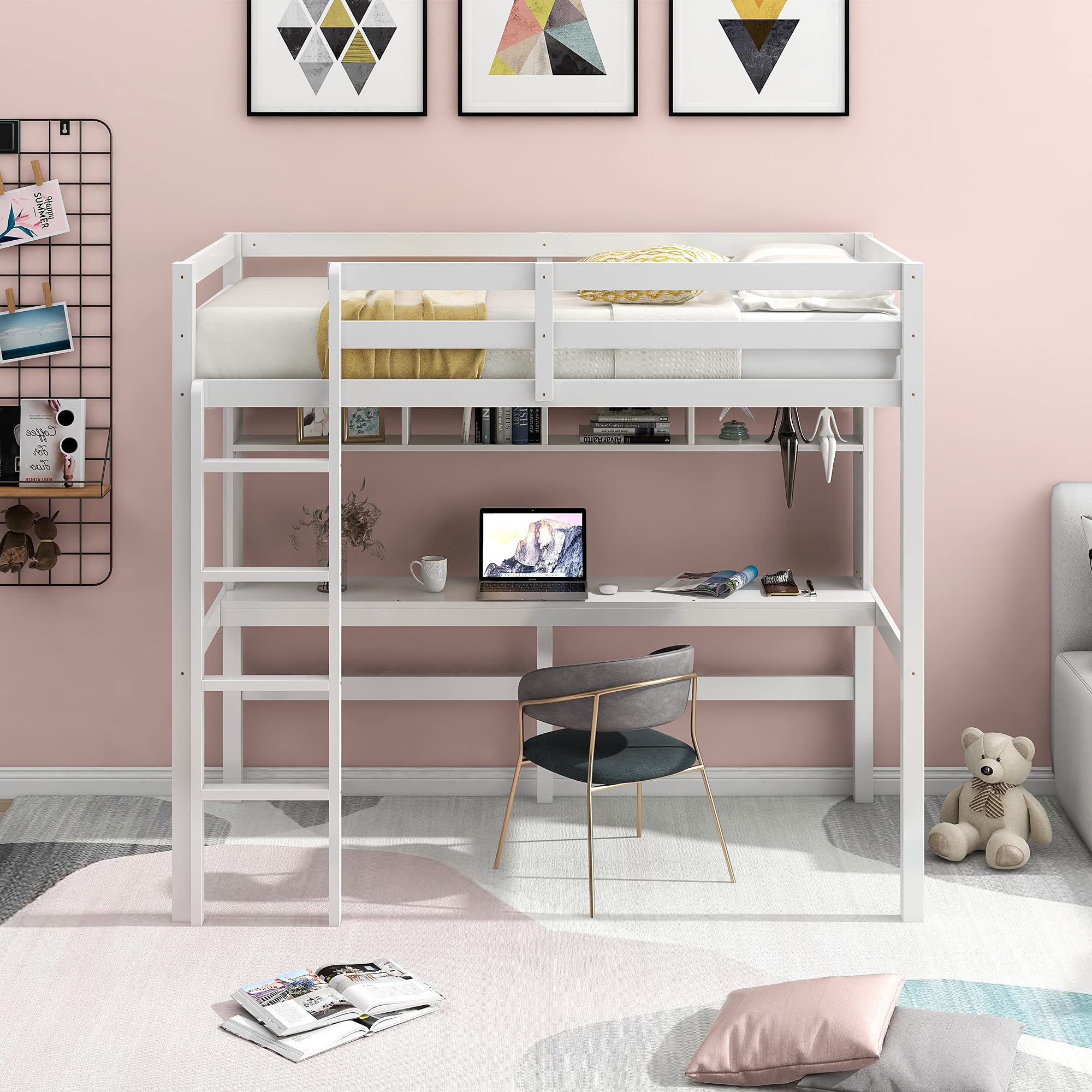**Wooden Loft Bed Frame with Storage Shelves & Under-Bed Desk - Full-Length Guardrail & Built-in Ladder - Twin Size, White - Perfect for Kids, Teens & Adults - Space-Saving Bedroom, Dorm, or Studio Apartment Solution**