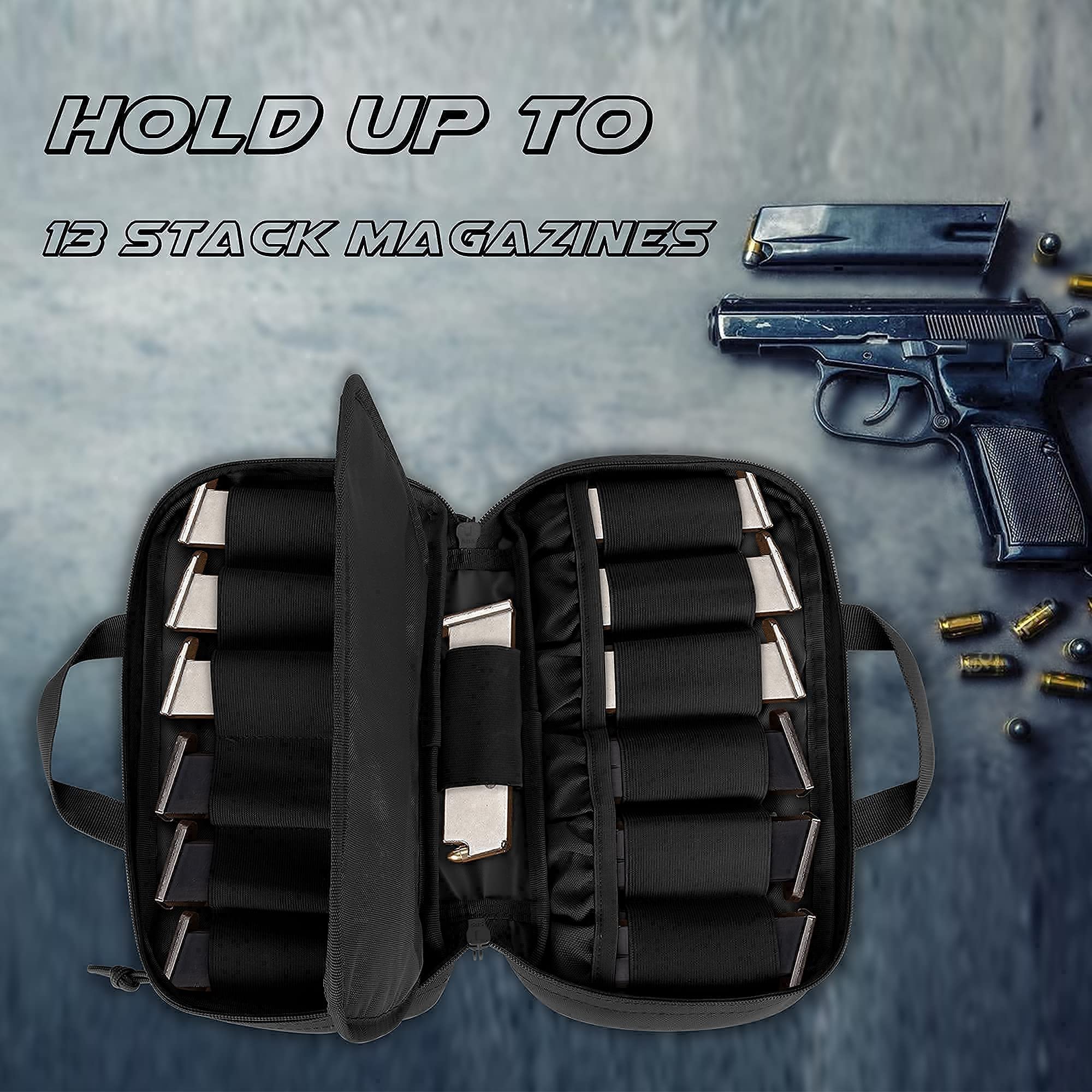 DSLEAF Tactical Gun Range Bag - Pistol Magazine Storage Pouch Holds 5 Handguns & 22 Mags, Durable Shooting Range Gear for Outdoor Training & Hunting (Black) - Perfect for Range Days, Firearm Practice & Tactical Competitions