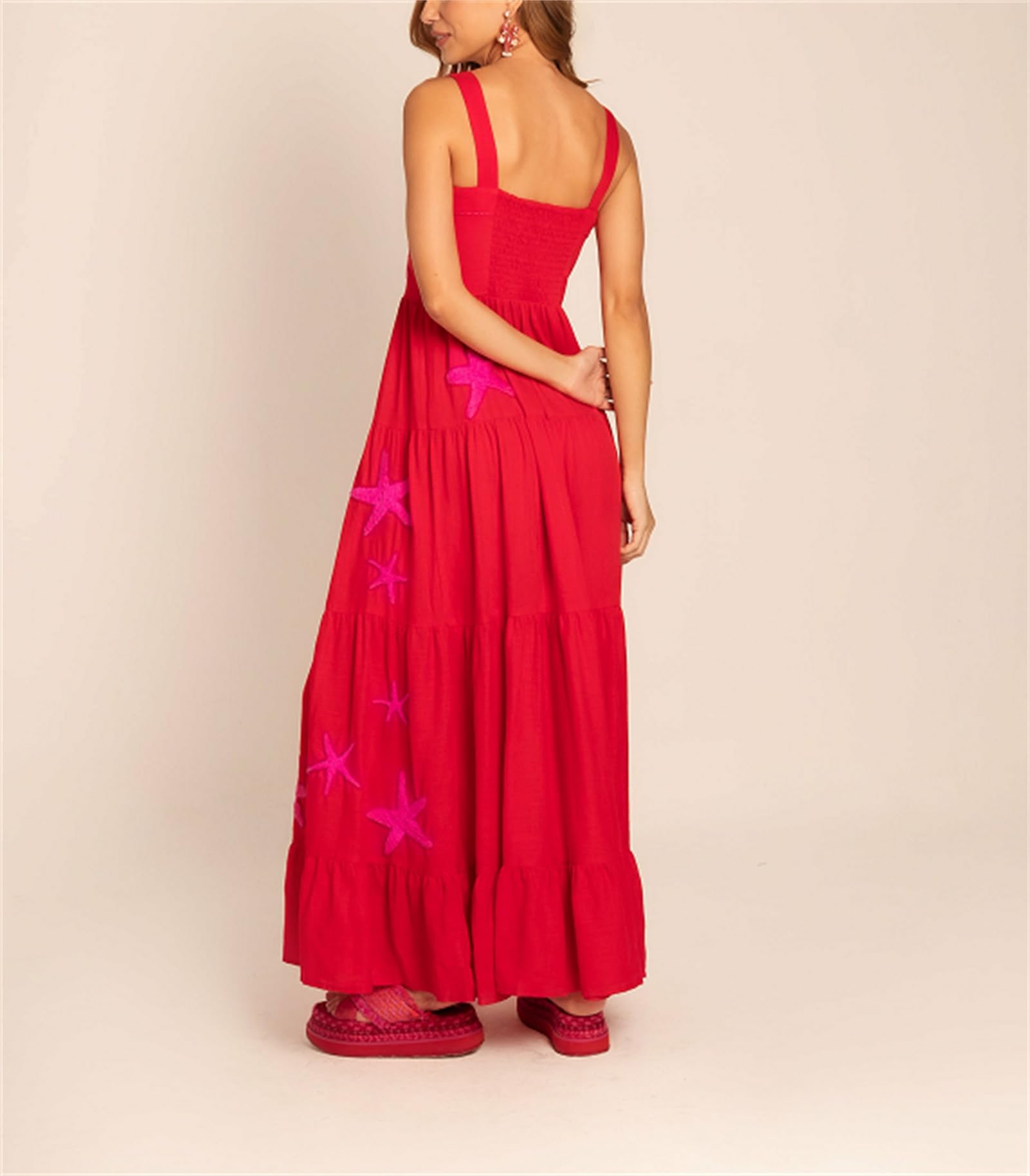 YuMengXuan Women's Boho Embroidered Maxi Dress - Flowy Summer Beach Dress with Ruffles & Spaghetti Straps | Perfect for Vacations, Music Festivals & Boho Chic Outfits