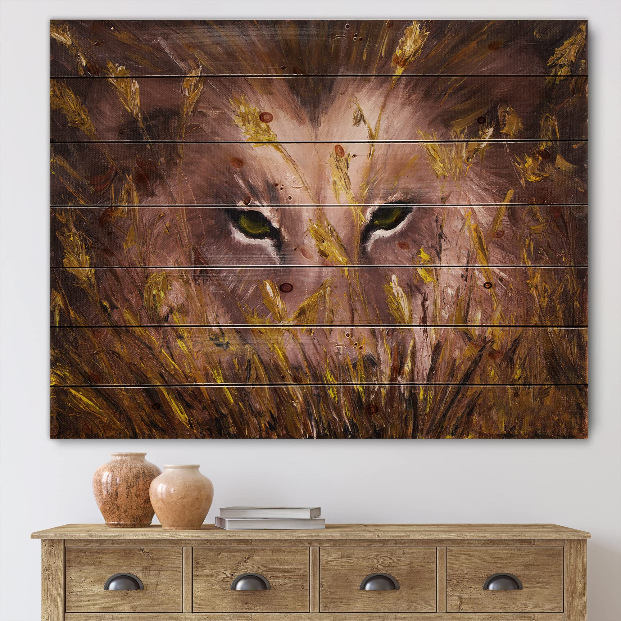 DesignQ Wolf Eyes In The Grass Farmhouse Wood Wall Decor - Brown Wood Wall Art with Large Animal Prints on Natural Pine Wood - Perfect for Rustic Home, Cabin, or Lodge Decor