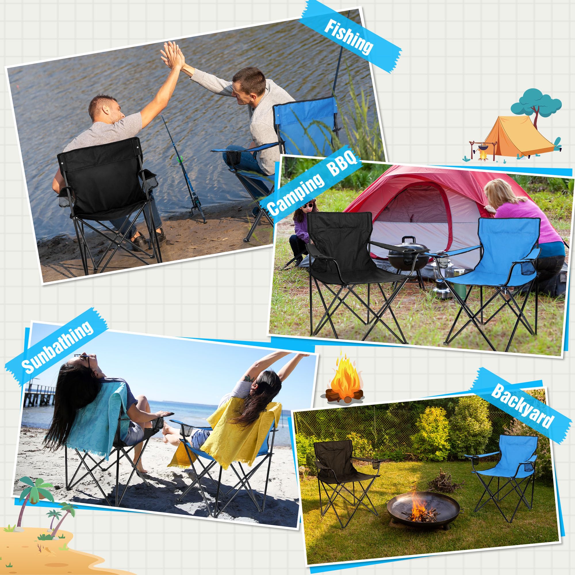 HaSteeL Foldable Camping Chair Set of 2 - Heavy Duty 275lbs Capacity Folding Chairs with Carrying Bags for Adults - Portable for Outdoor, Beach, Picnic, Travel, Hiking & Fishing - Perfect for Backyard, Camping Trips & Tailgating (Black & Blue)