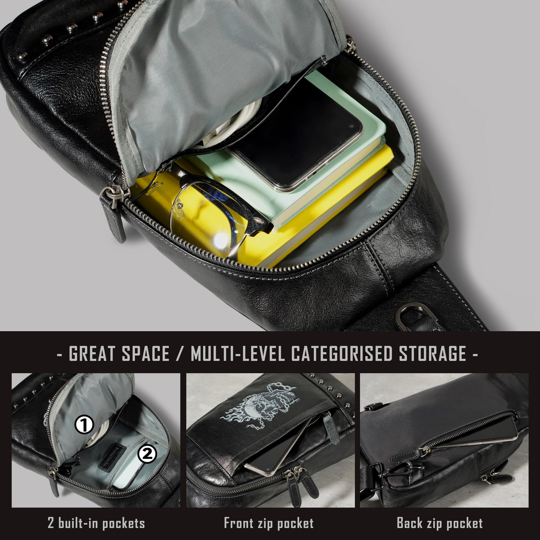 Genuine Leather Small Sling Bag for Men - Crossbody Shoulder Bag with Single Strap & Skull Design (Black) | Perfect for Travel, Work & Everyday Use